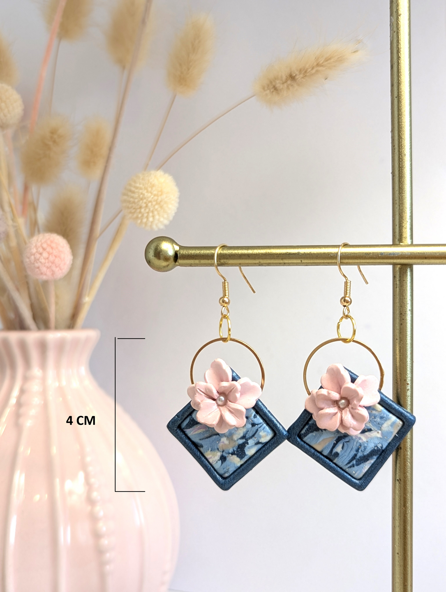 Dimond shape floral earing with pink flower and blue frame -Handmade Polymer Clay Earrings