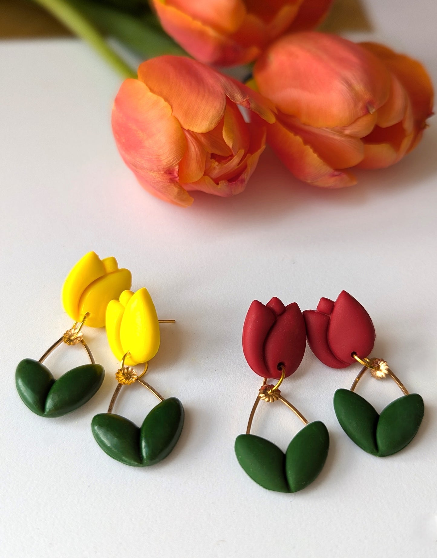 Tulip flowers in red and yellow with stud and dangle style - Handmade Polymer Clay Earrings