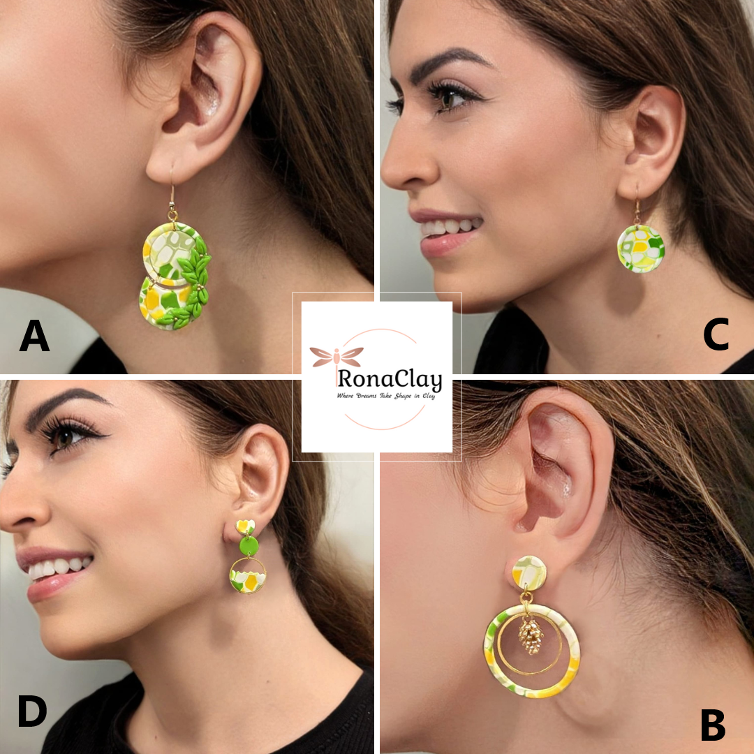 Modern Earrings in Vibrant Green, Yellow, and White – Uniquely Designed - inspired by nature and ivy-Handmade Polymer Clay Earrings