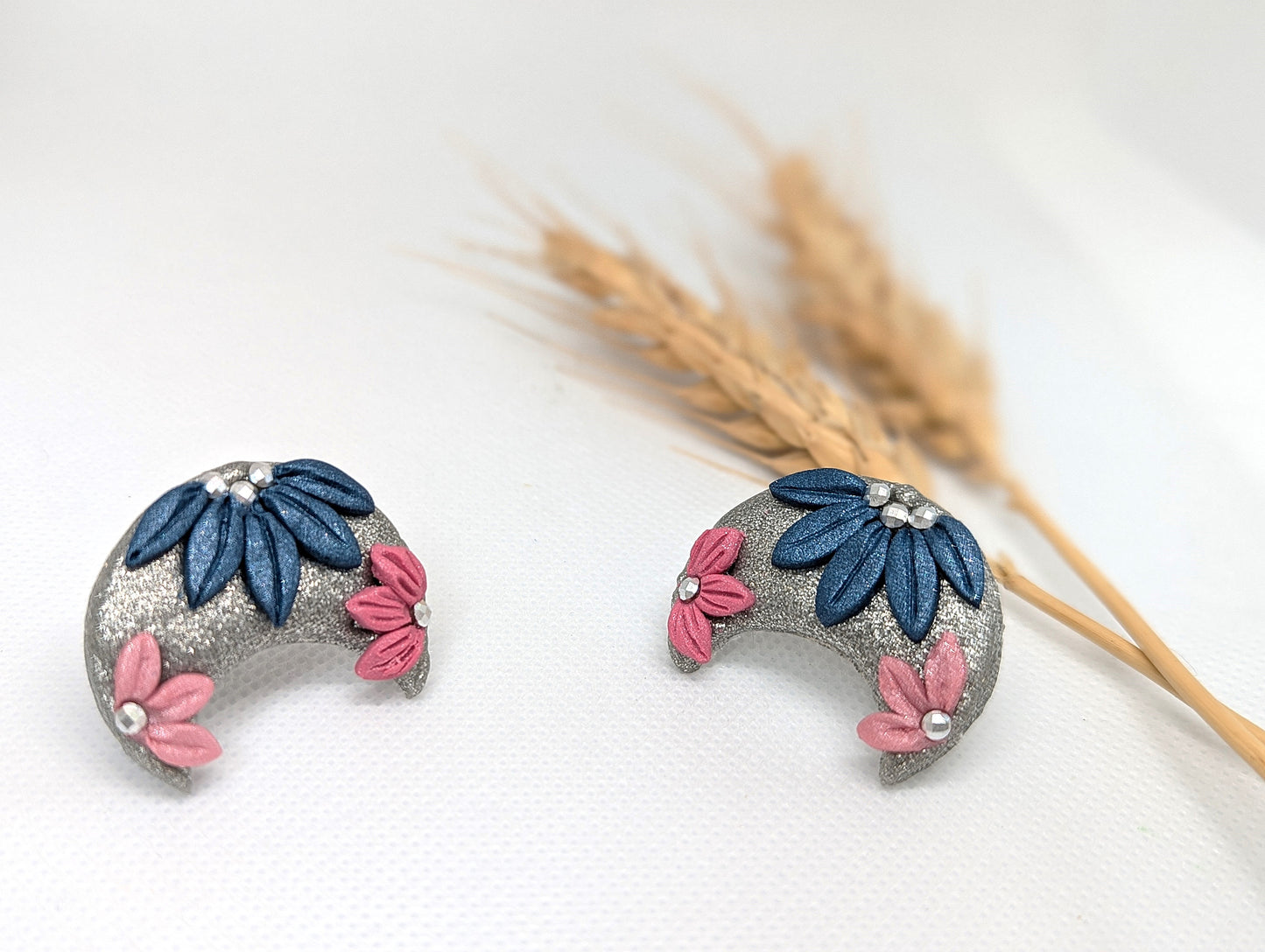 Silver Crescent Floral Earrings - Handmade Polymer Clay Earrings