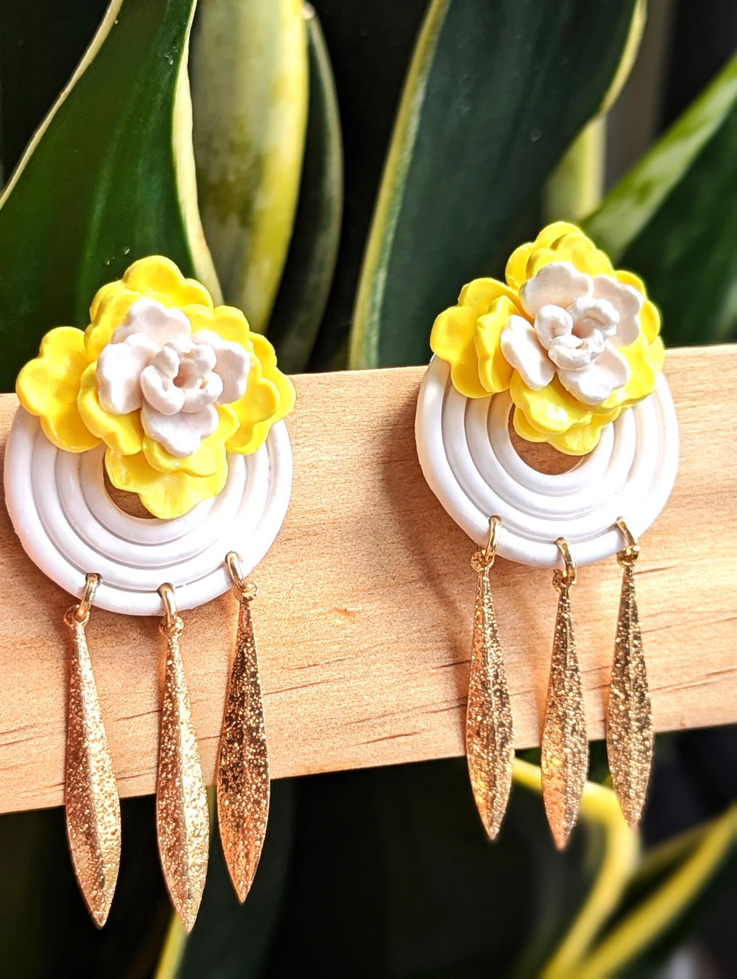 Yellow & White Flowers Earrings with Gold Leaf Charms - Handmade Polymer Clay Earrings