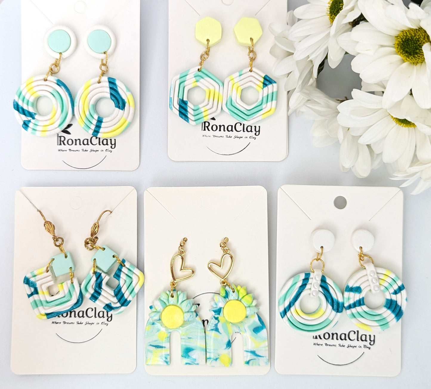 Colorful geometry shape earnings with white ,blue, mint and yellow colors -Handmade Polymer Clay Earrings