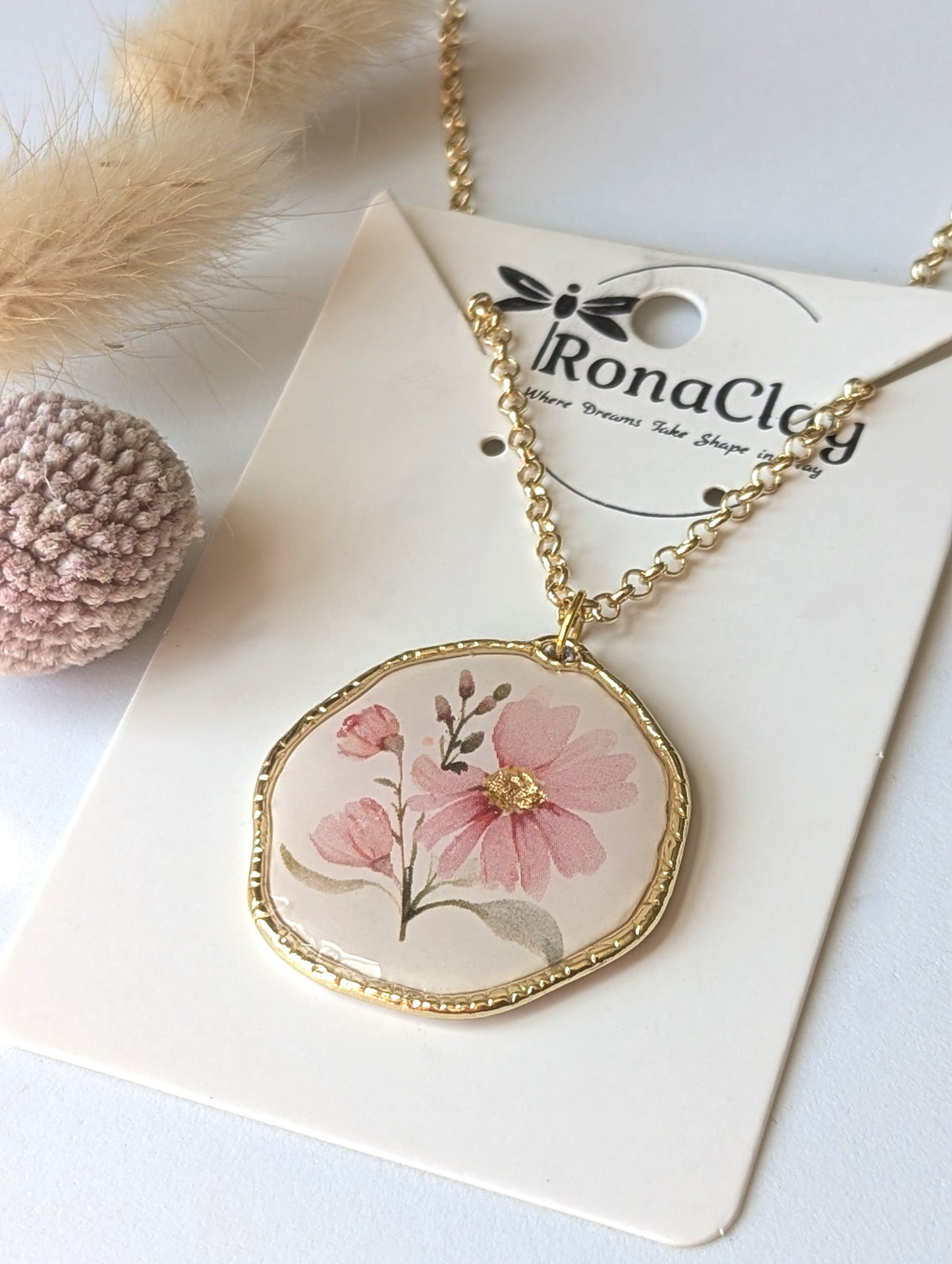 Soft pink-floral Necklace & Earring Set - Handmade Polymer Clay Necklace & Earring Set - Pendent with Gold frame and stainless steel chain