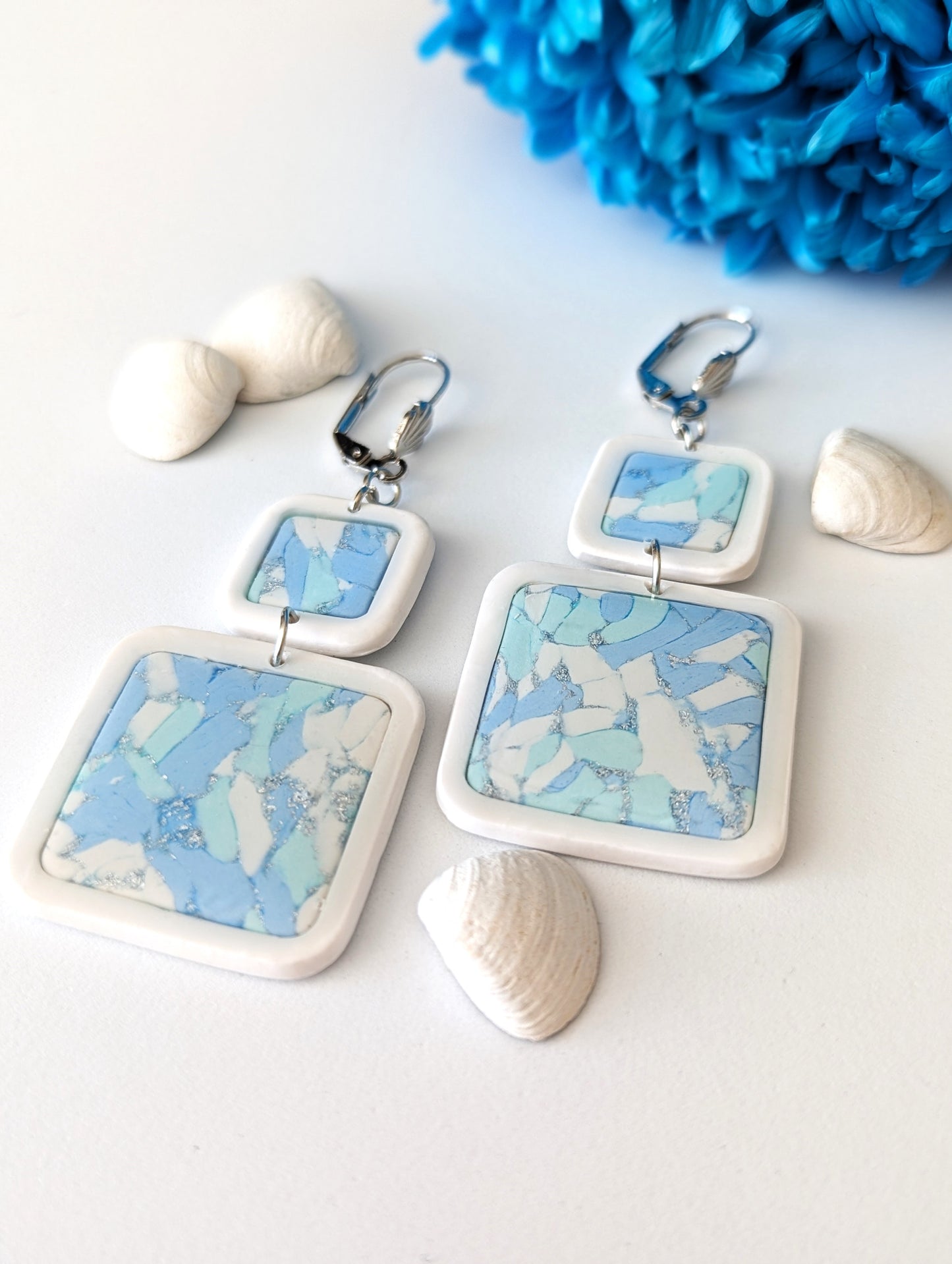 Ocean Mosaic design Earrings in 3 different shapes -Handmade Polymer Clay Earrings - Rectangle, Dimond and Drop shapes