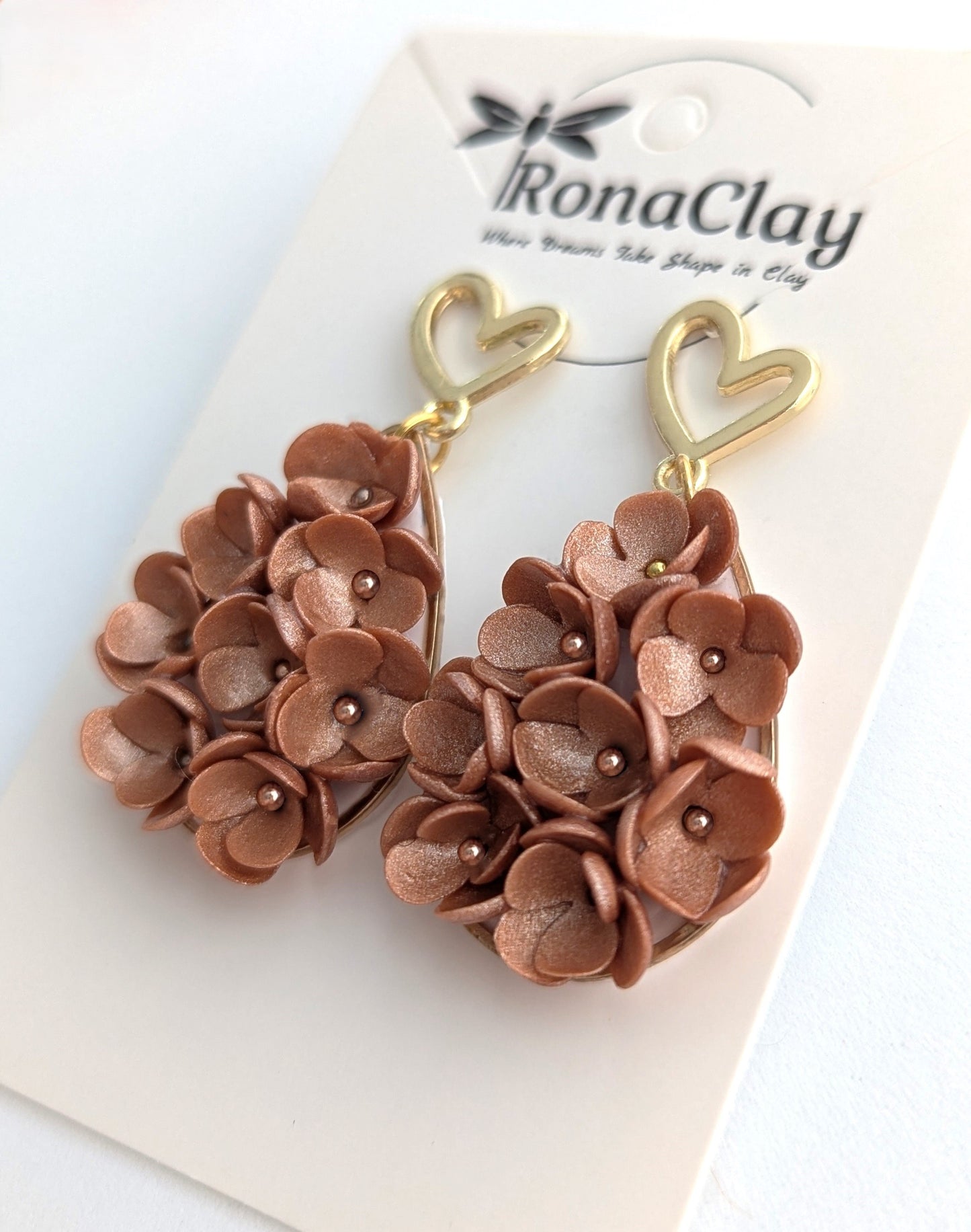 Floral earrings with heart stud-Handmade Polymer Clay Earrings | Pink and brown floral earrings