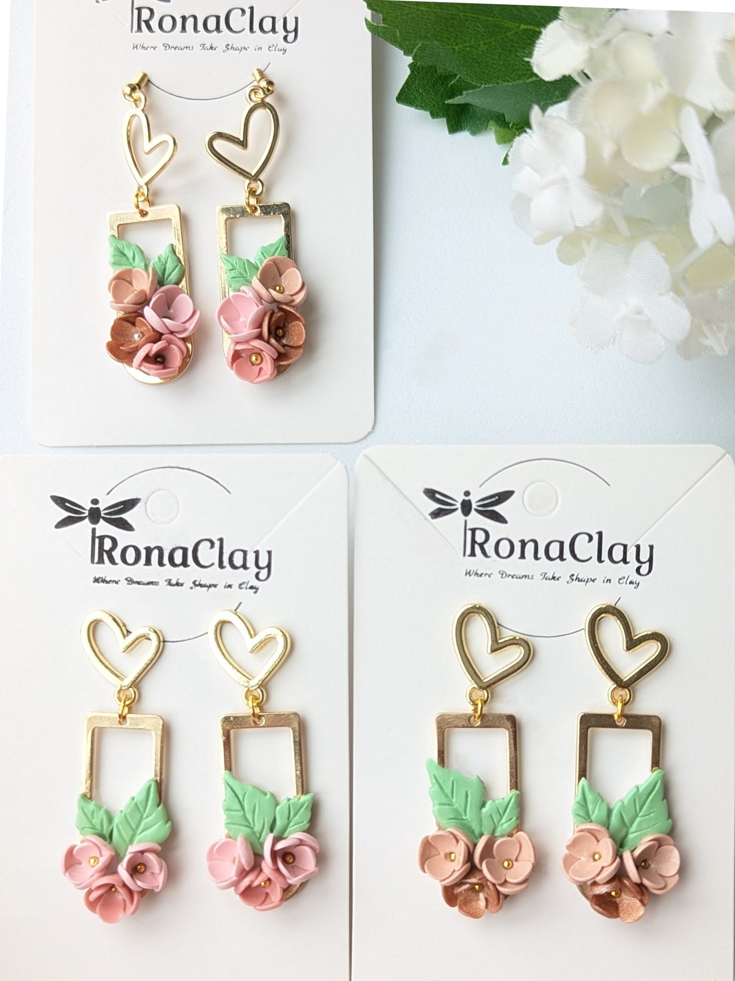 Floral Heart Dangle Earrings - Handmade Polymer Clay Jewelry | Customizable accessories