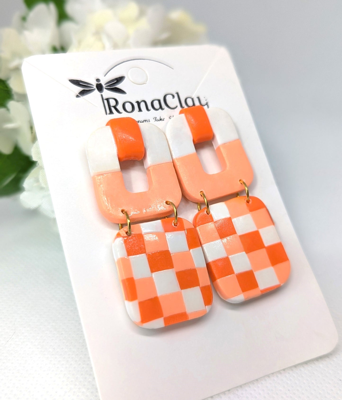 Orange and white checkered pattern earrings- Handmade Polymer Clay Earrings