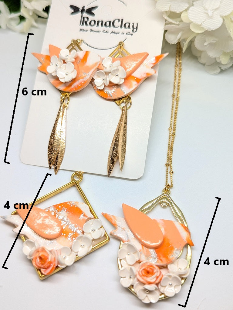 Orange and White Necklace & Earring Set -Handmade Polymer Clay Earrings and Neckless Set