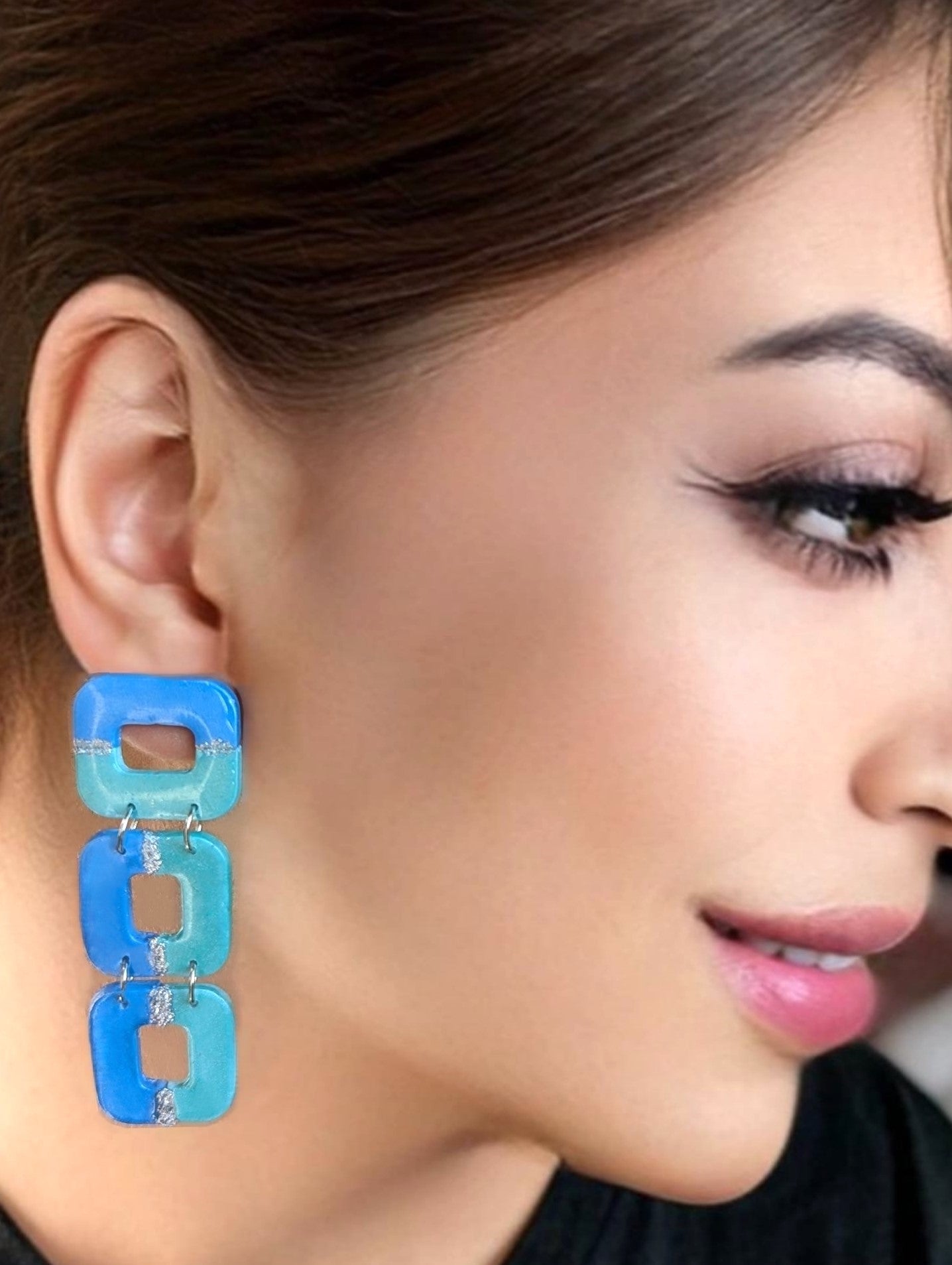 Ocean Blue Rectangle Chain Earrings – Handmade Polymer Clay Earrings