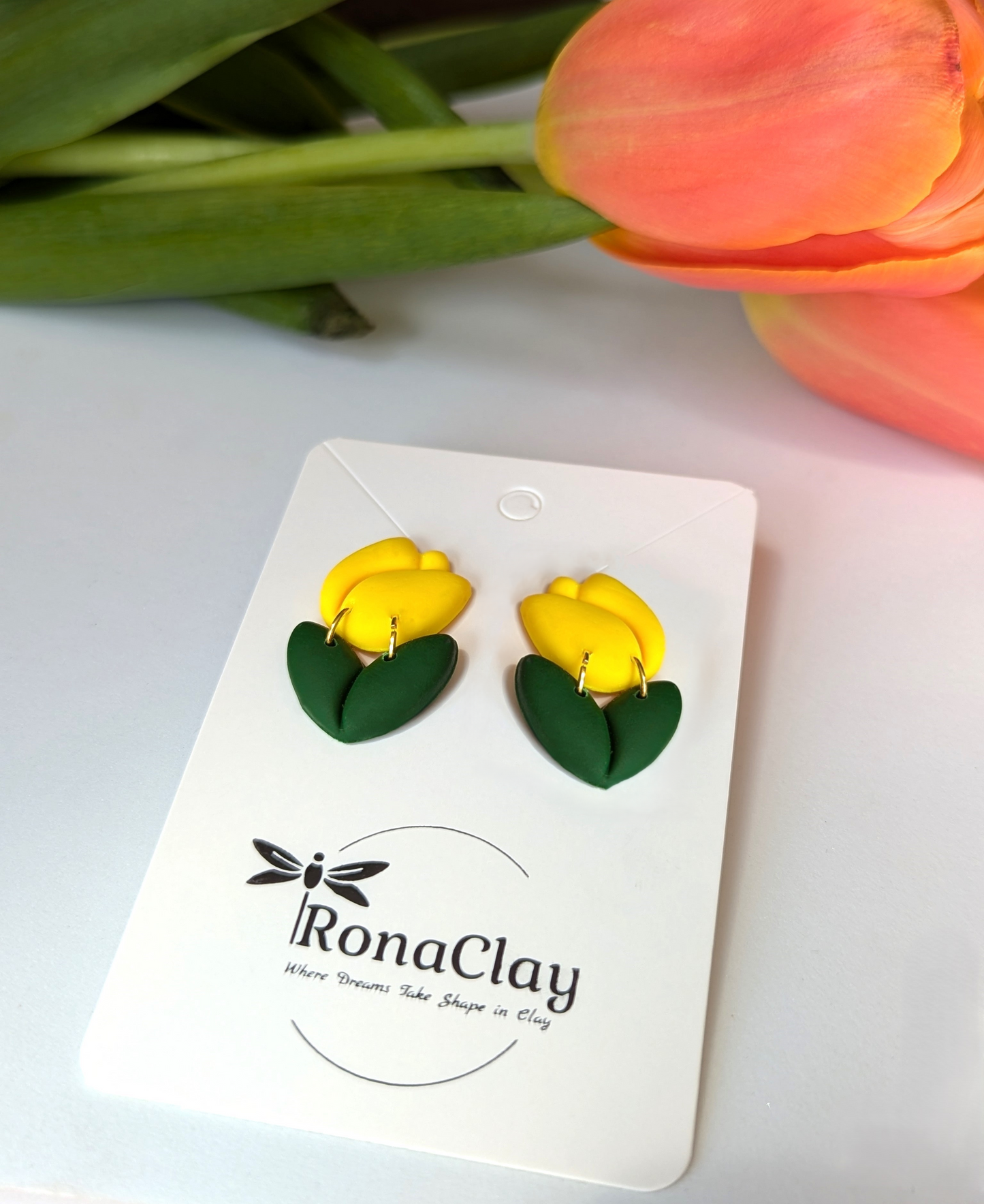 Tulip flowers in red and yellow with stud and dangle style  - Handmade Polymer Clay Earrings