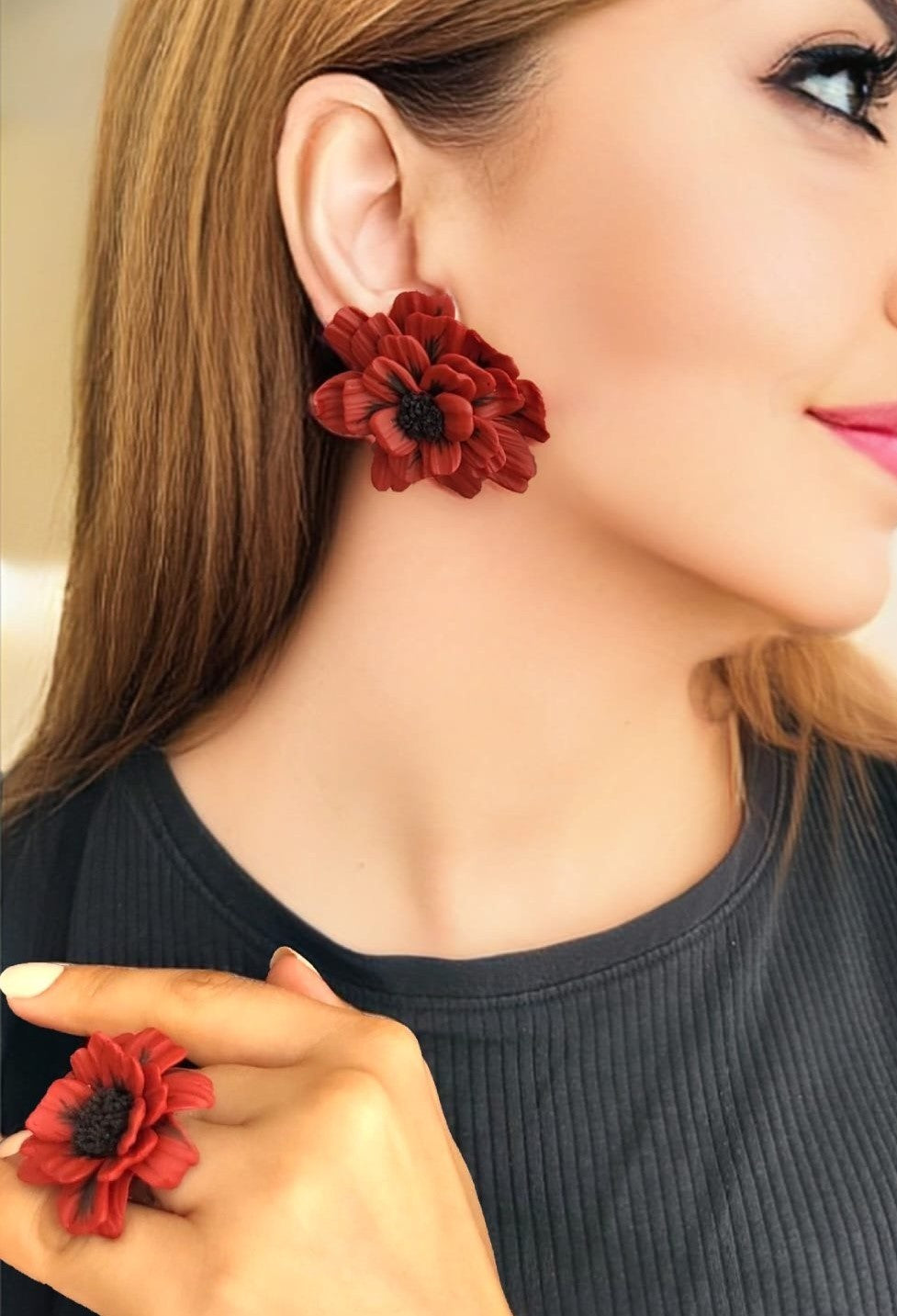 Red Flower Earrings and matching Ring Set - Handmade Polymer Clay | Modern Design