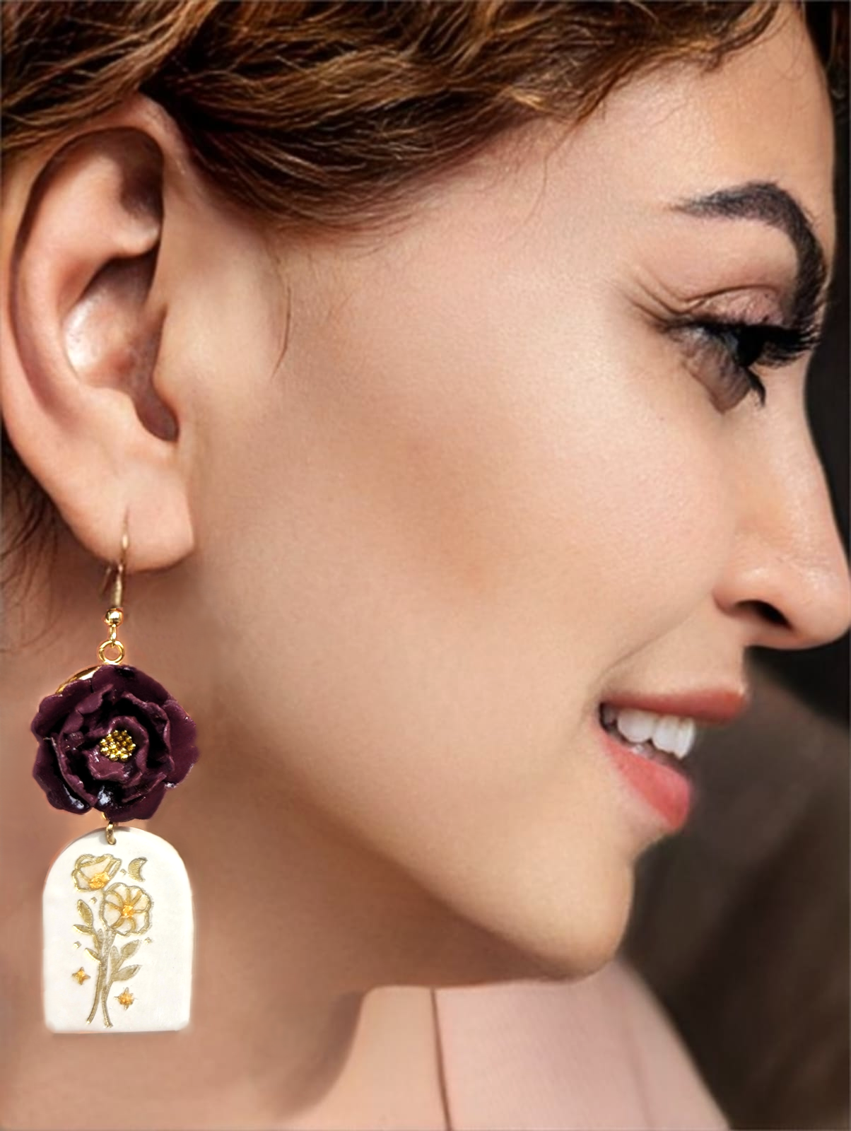 Floral earrings with dark purple and soft beige bases - Handmade Polymer Clay Earrings