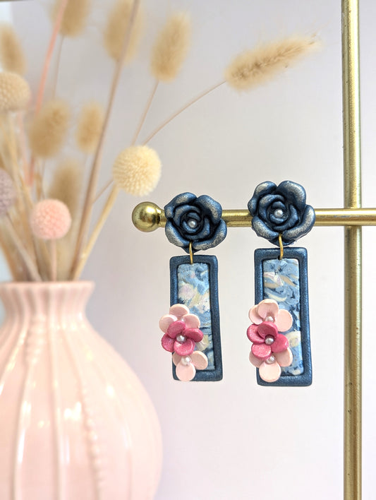 Blue and pink flowers rectangle earrings -Handmade Polymer Clay Earrings - marble design