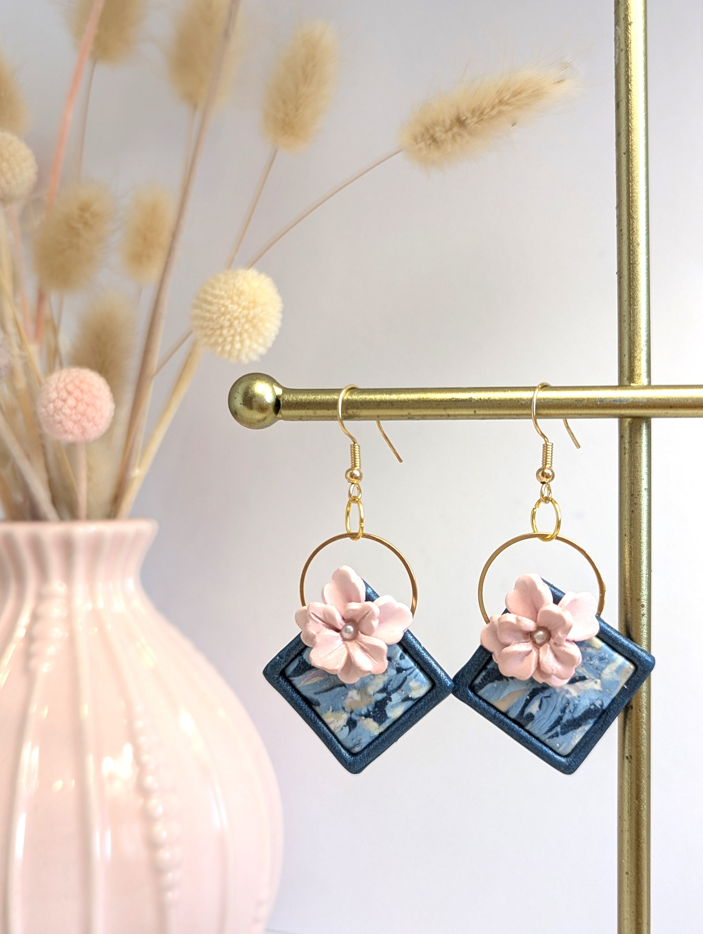 Dimond shape floral earing with pink flower and blue frame -Handmade Polymer Clay Earrings