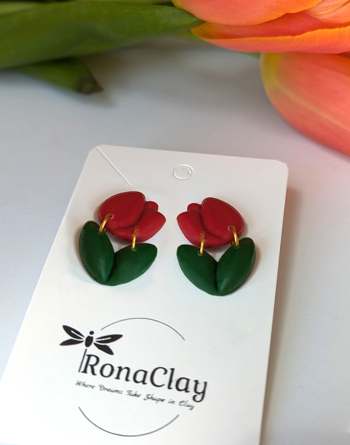 Tulip flowers in red and yellow with stud and dangle style  - Handmade Polymer Clay Earrings