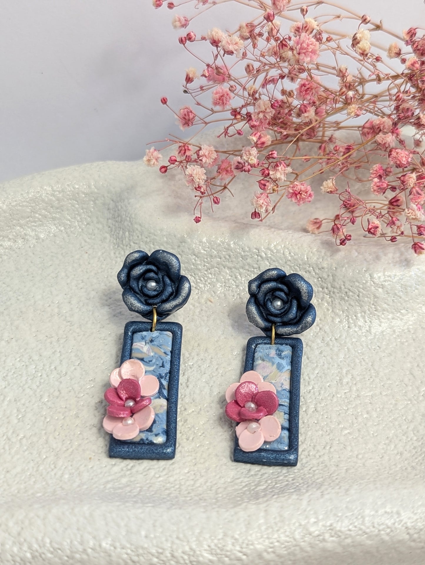 Blue and pink flowers rectangle earrings -Handmade Polymer Clay Earrings - marble design