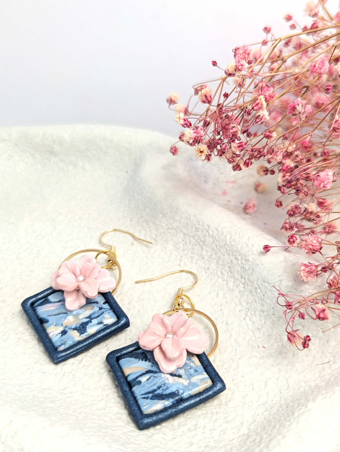 Dimond shape floral earing with pink flower and blue frame -Handmade Polymer Clay Earrings