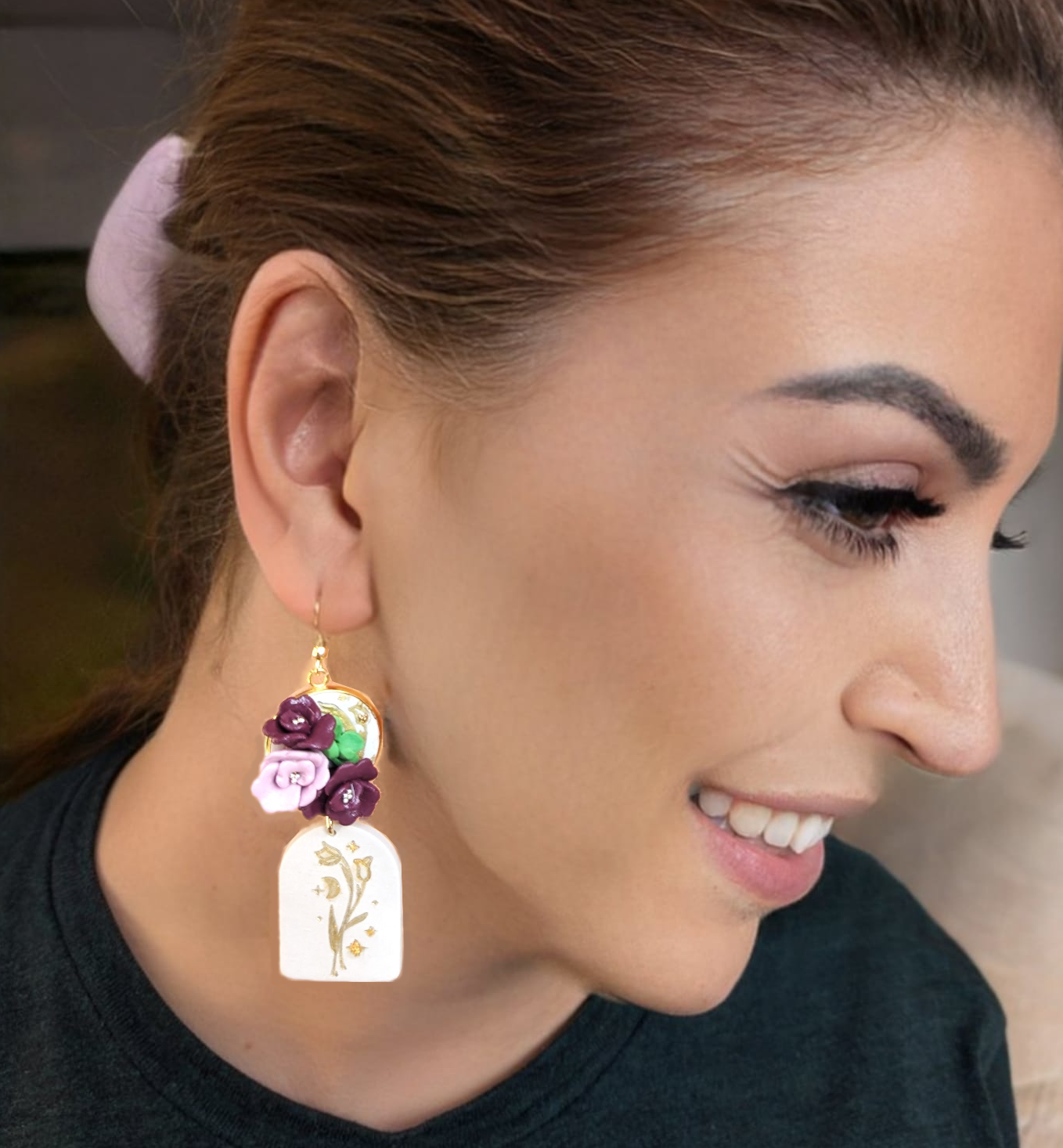 Floral earrings with dark purple and soft beige bases - Handmade Polymer Clay Earrings