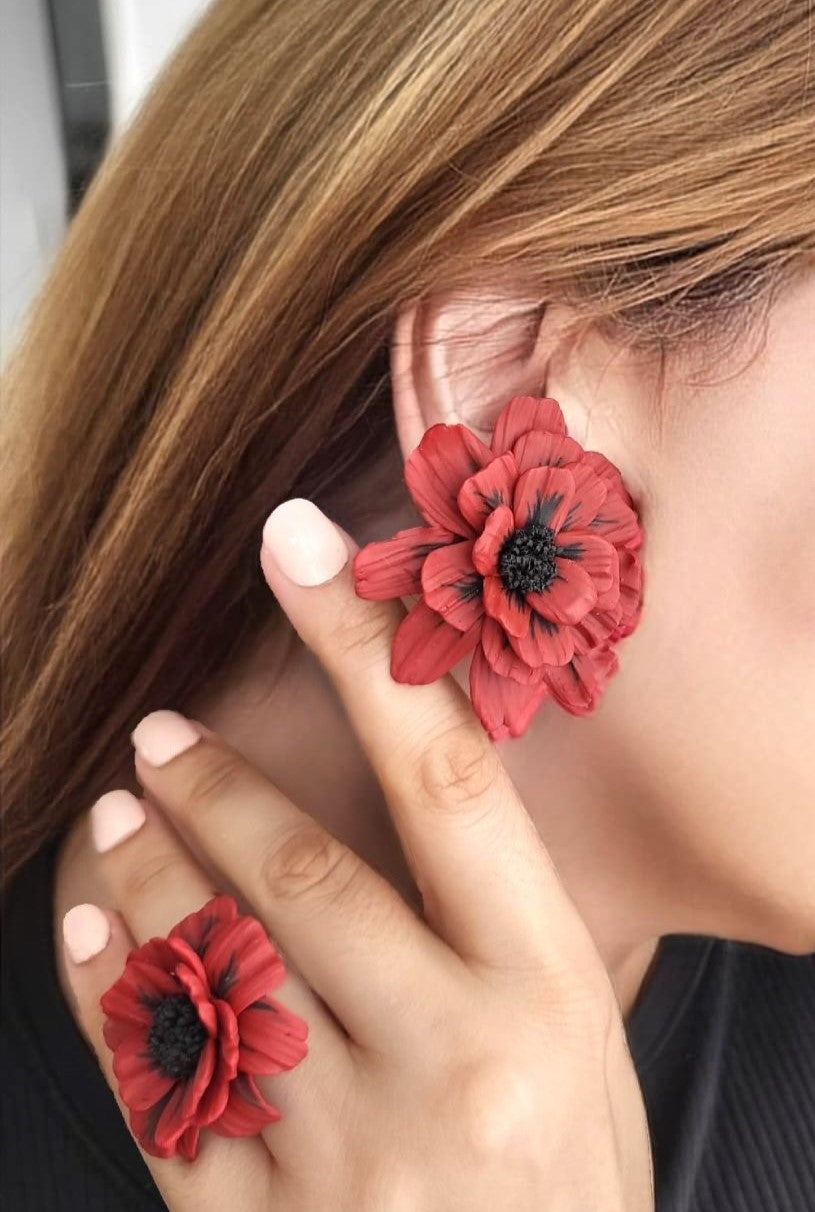 Red Flower Earrings and matching Ring Set - Handmade Polymer Clay | Modern Design