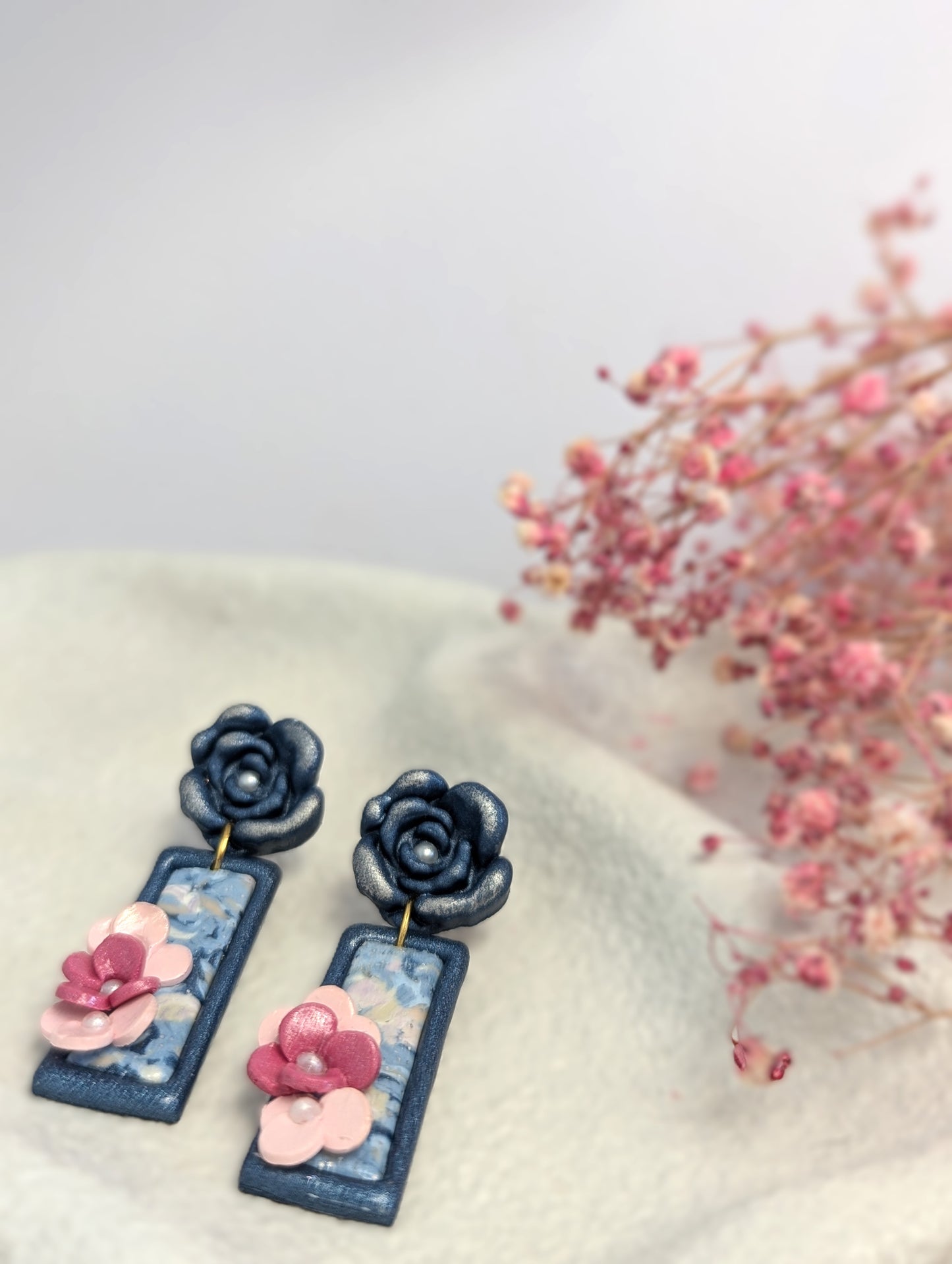Blue and pink flowers rectangle earrings -Handmade Polymer Clay Earrings - marble design