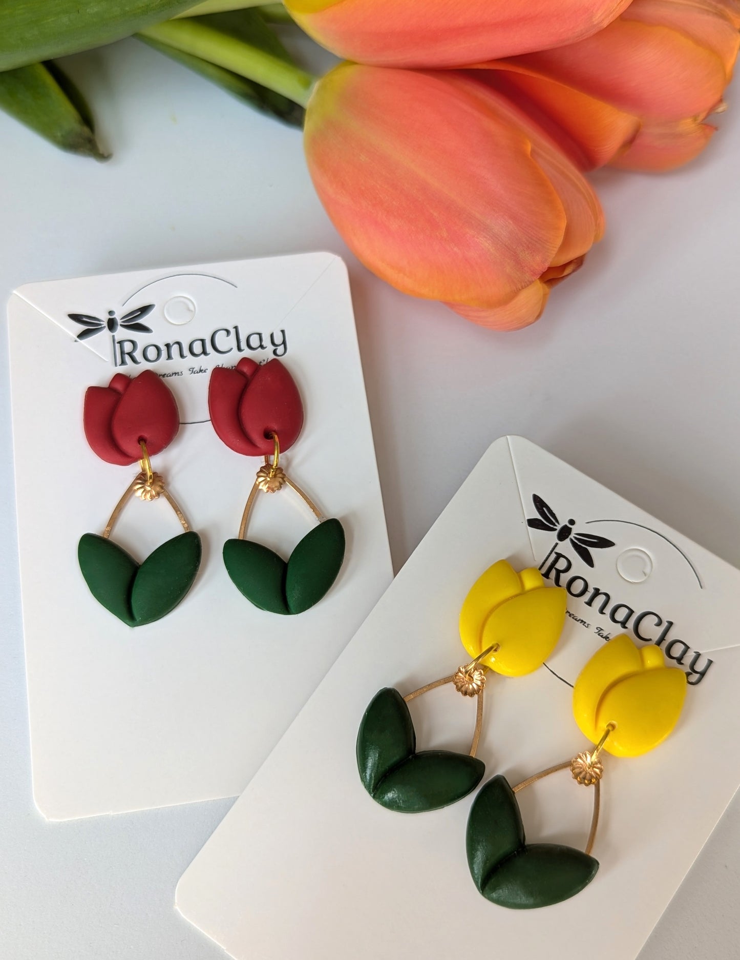 Tulip flowers in red and yellow with stud and dangle style  - Handmade Polymer Clay Earrings
