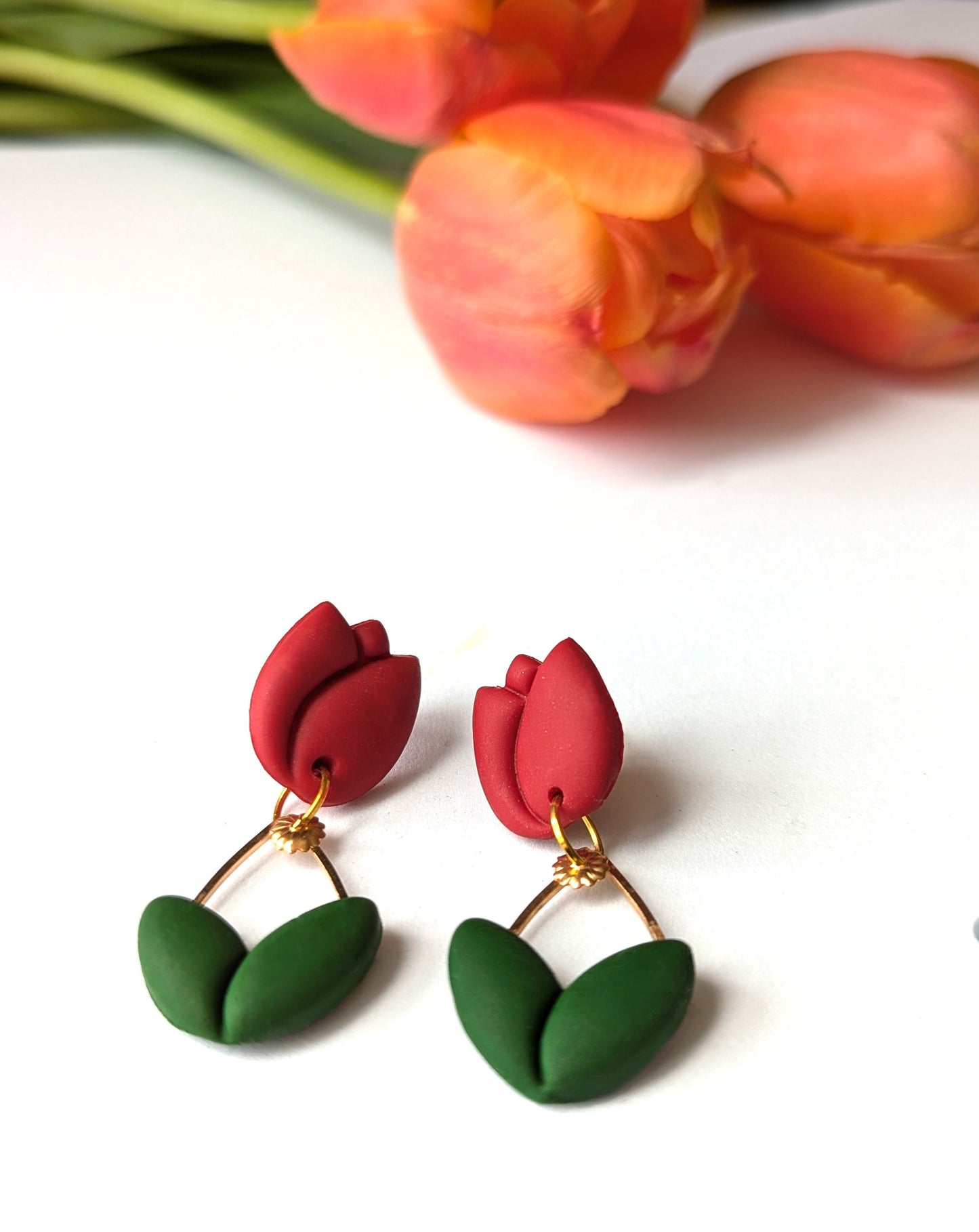 Tulip flowers in red and yellow with stud and dangle style  - Handmade Polymer Clay Earrings