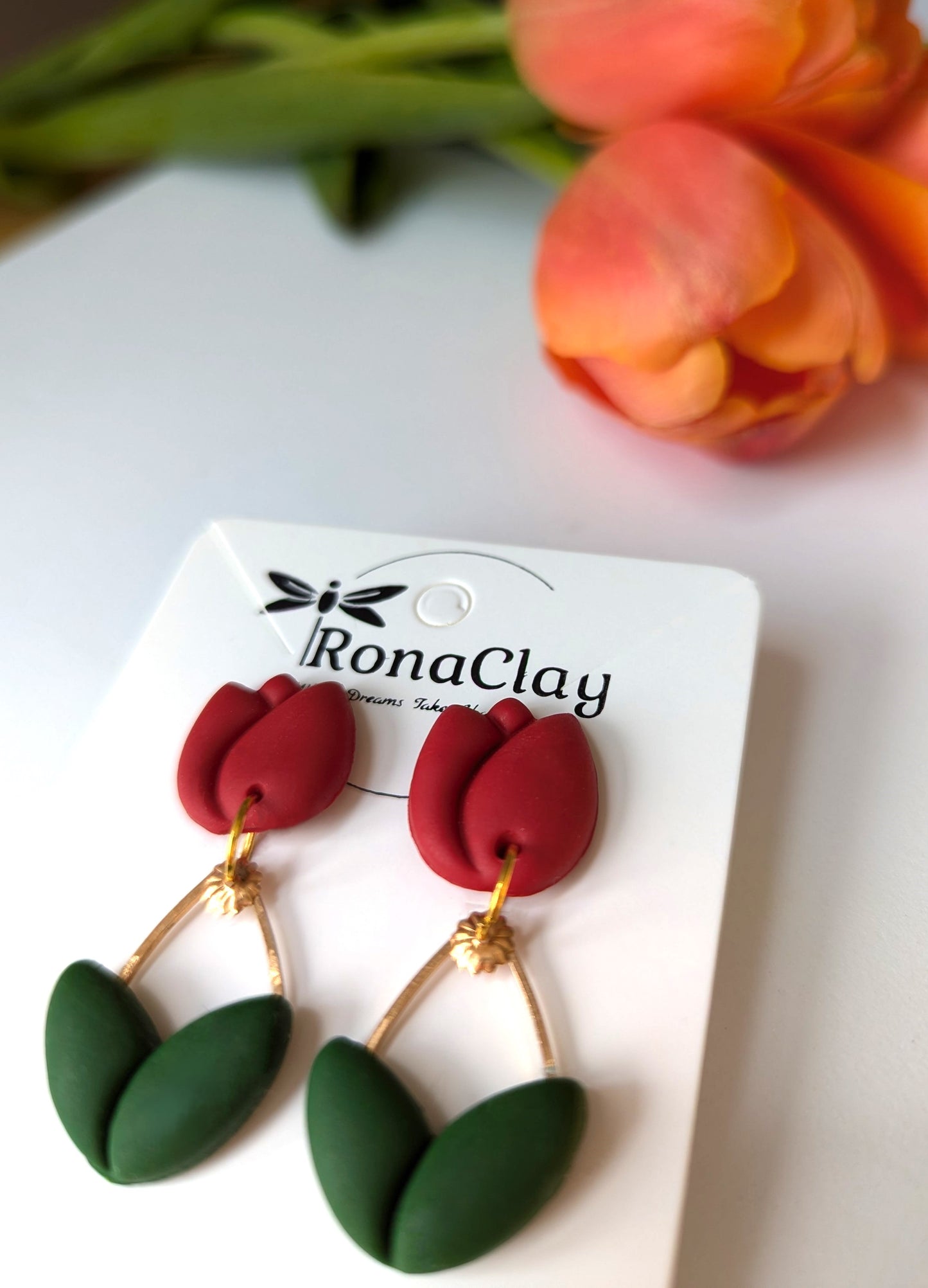 Tulip flowers in red and yellow with stud and dangle style  - Handmade Polymer Clay Earrings
