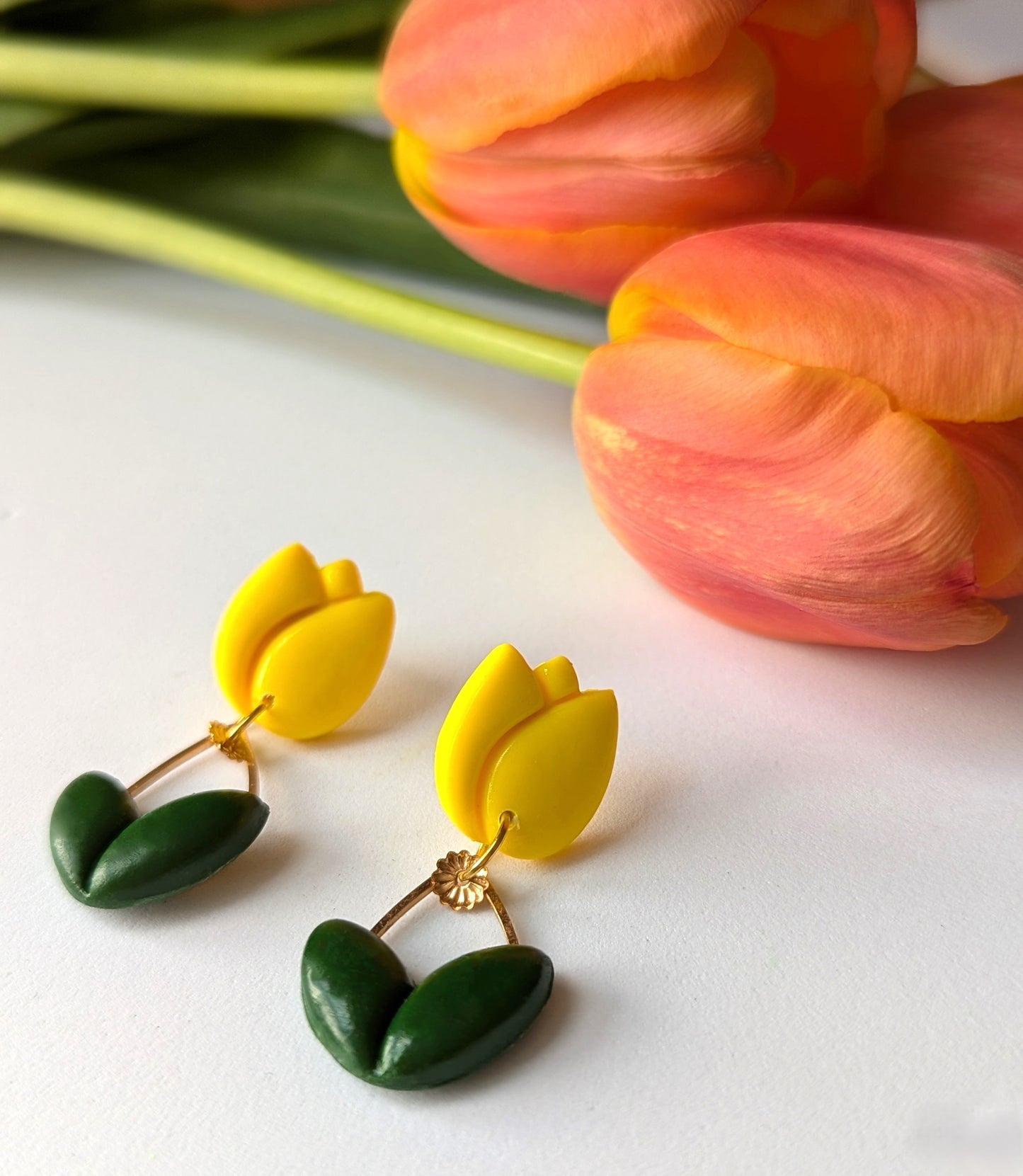 Tulip flowers in red and yellow with stud and dangle style  - Handmade Polymer Clay Earrings