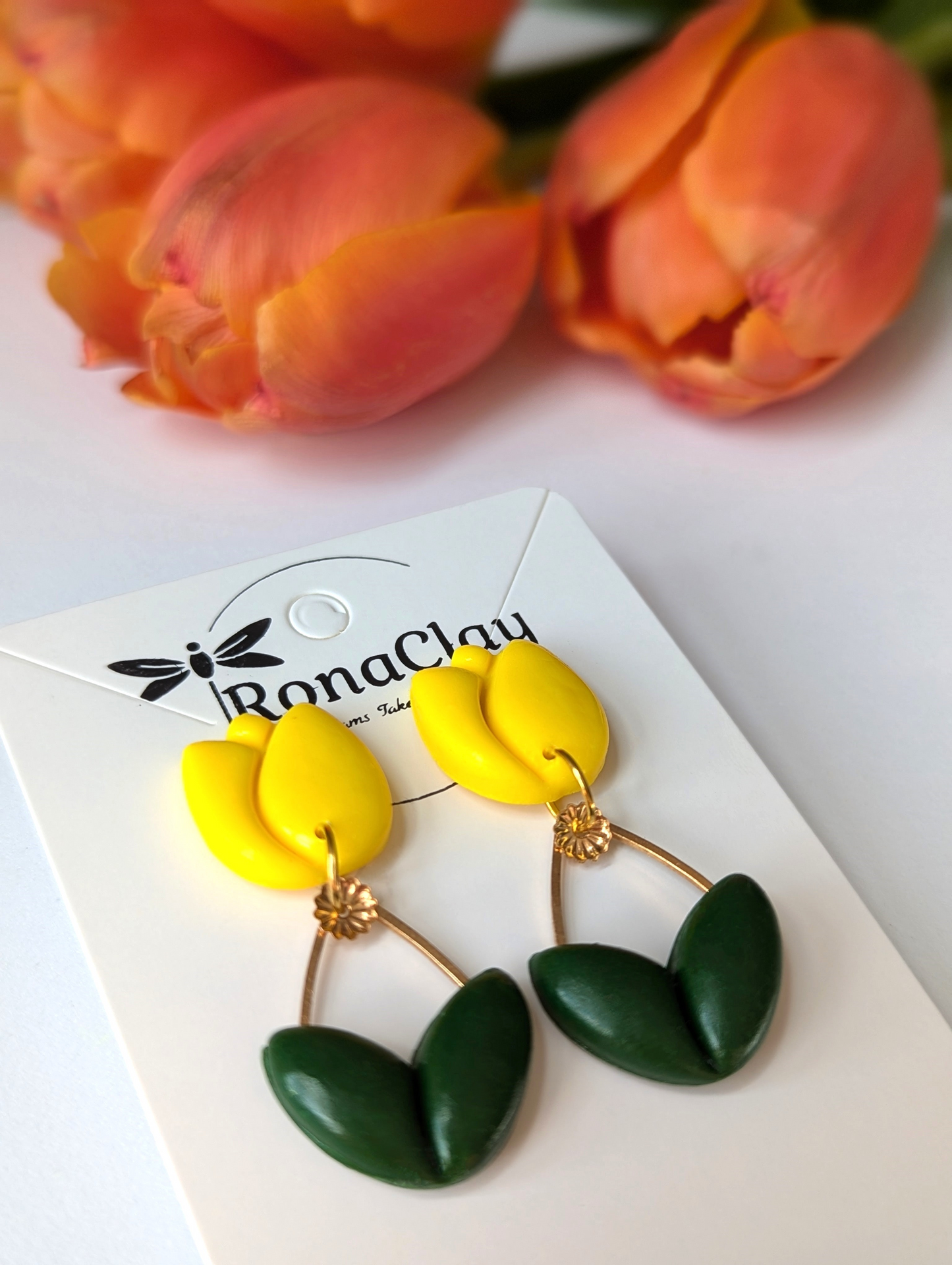 Tulip flowers in red and yellow with stud and dangle style  - Handmade Polymer Clay Earrings