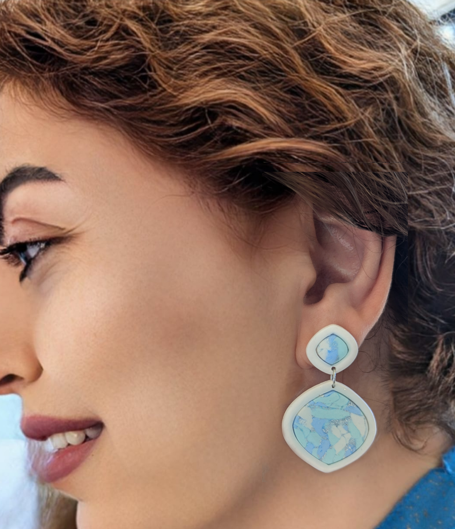 Ocean Mosaic design Earrings in 3 different shapes -Handmade Polymer Clay Earrings - Rectangle, Dimond and Drop shapes