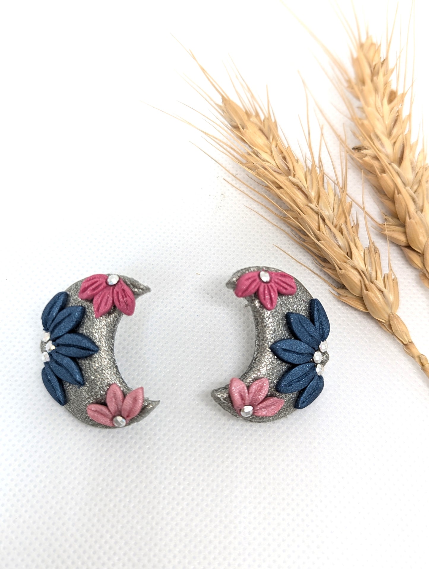 Silver Crescent Floral Earrings  - Handmade Polymer Clay Earrings