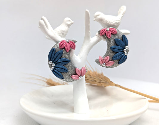 Silver Crescent Floral Earrings  - Handmade Polymer Clay Earrings