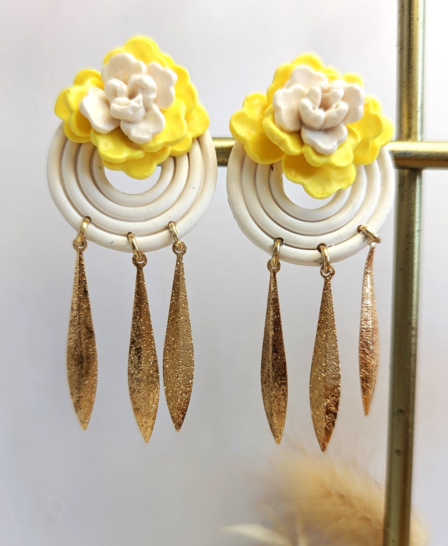 Yellow & White Flowers Earrings with Gold Leaf Charms - Handmade Polymer Clay Earrings