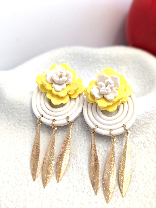 Yellow & White Flowers Earrings with Gold Leaf Charms - Handmade Polymer Clay Earrings