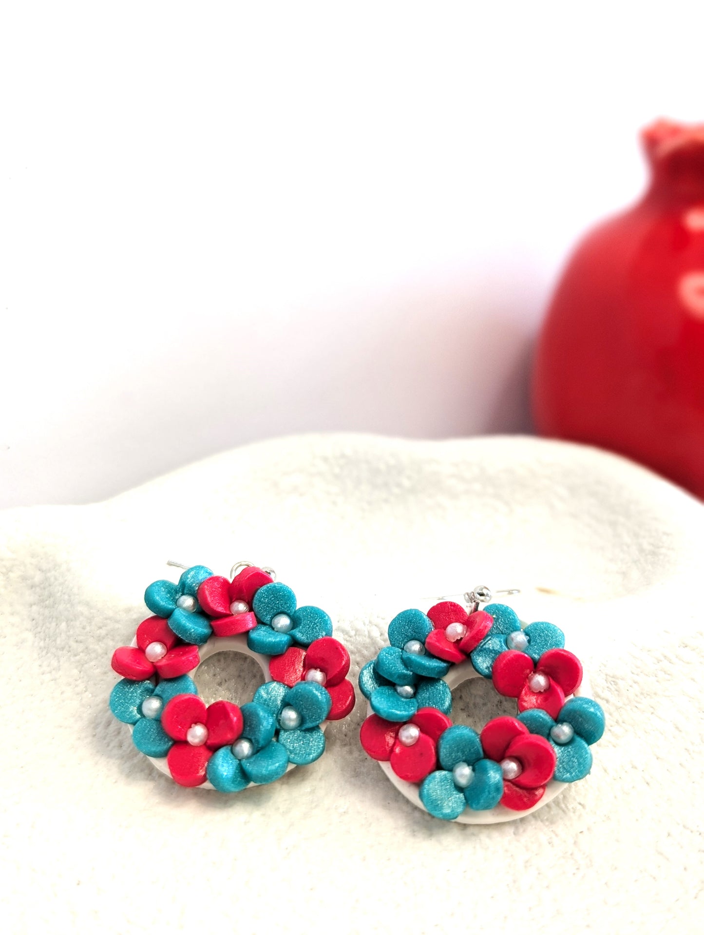 Turquoise (Blue)& Red Floral Wreath Earrings -Handmade Polymer Clay Earrings