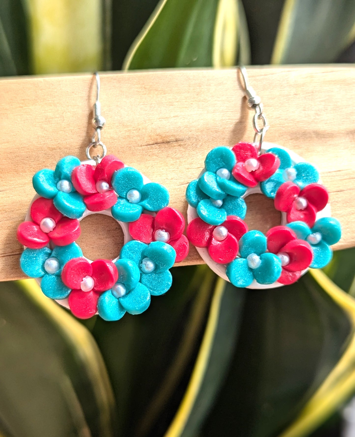 Turquoise (Blue)& Red Floral Wreath Earrings -Handmade Polymer Clay Earrings