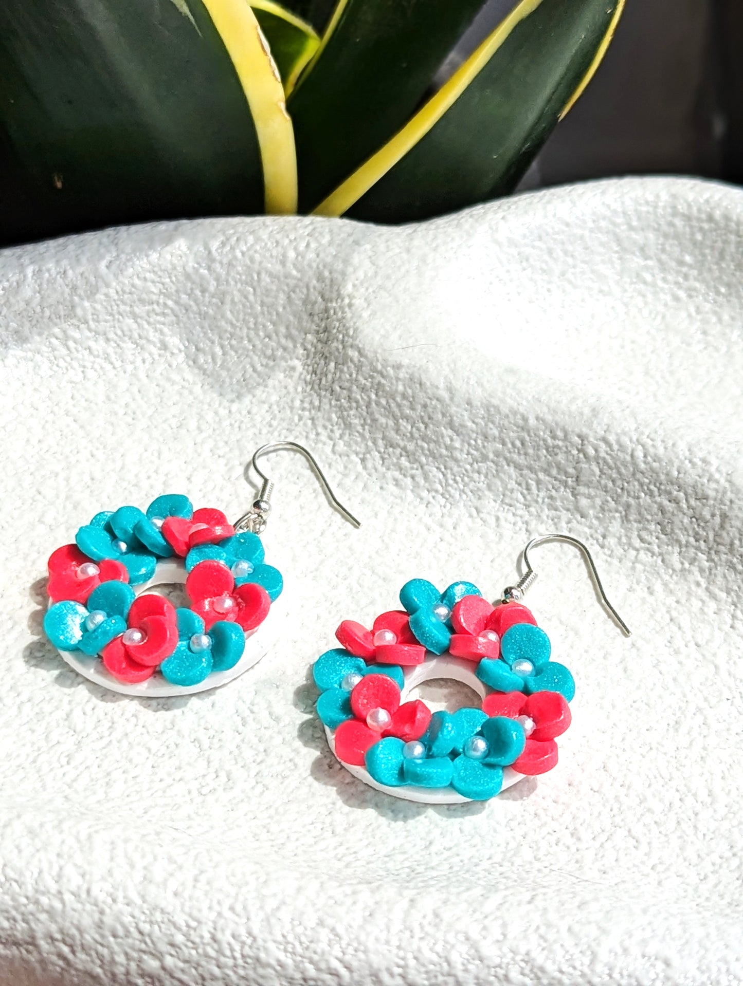 Turquoise (Blue)& Red Floral Wreath Earrings -Handmade Polymer Clay Earrings
