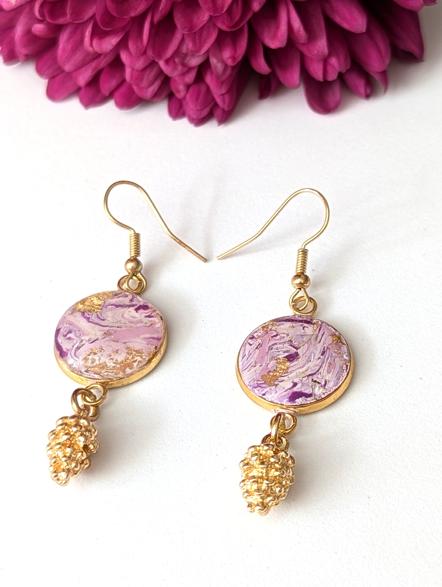Marbled purple design with gold feather and Pinecone charms -Handmade Polymer Clay Earrings