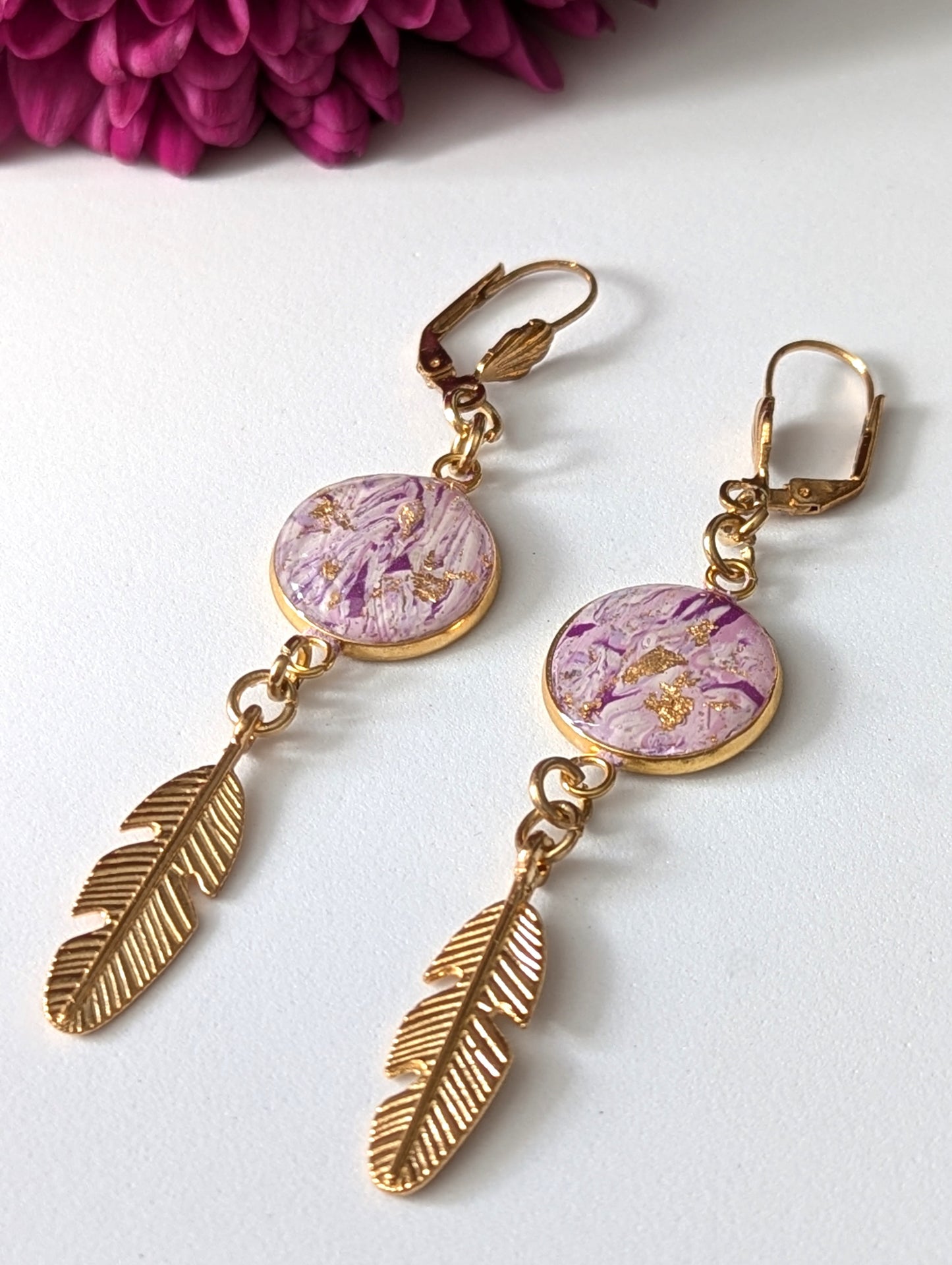Marbled purple design with gold feather and Pinecone charms -Handmade Polymer Clay Earrings