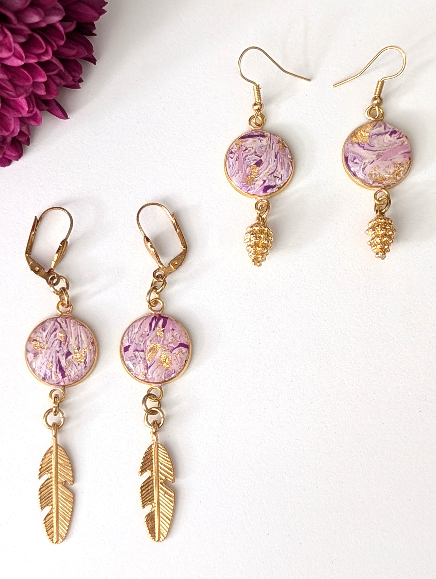 Marbled purple design with gold feather and Pinecone charms -Handmade Polymer Clay Earrings