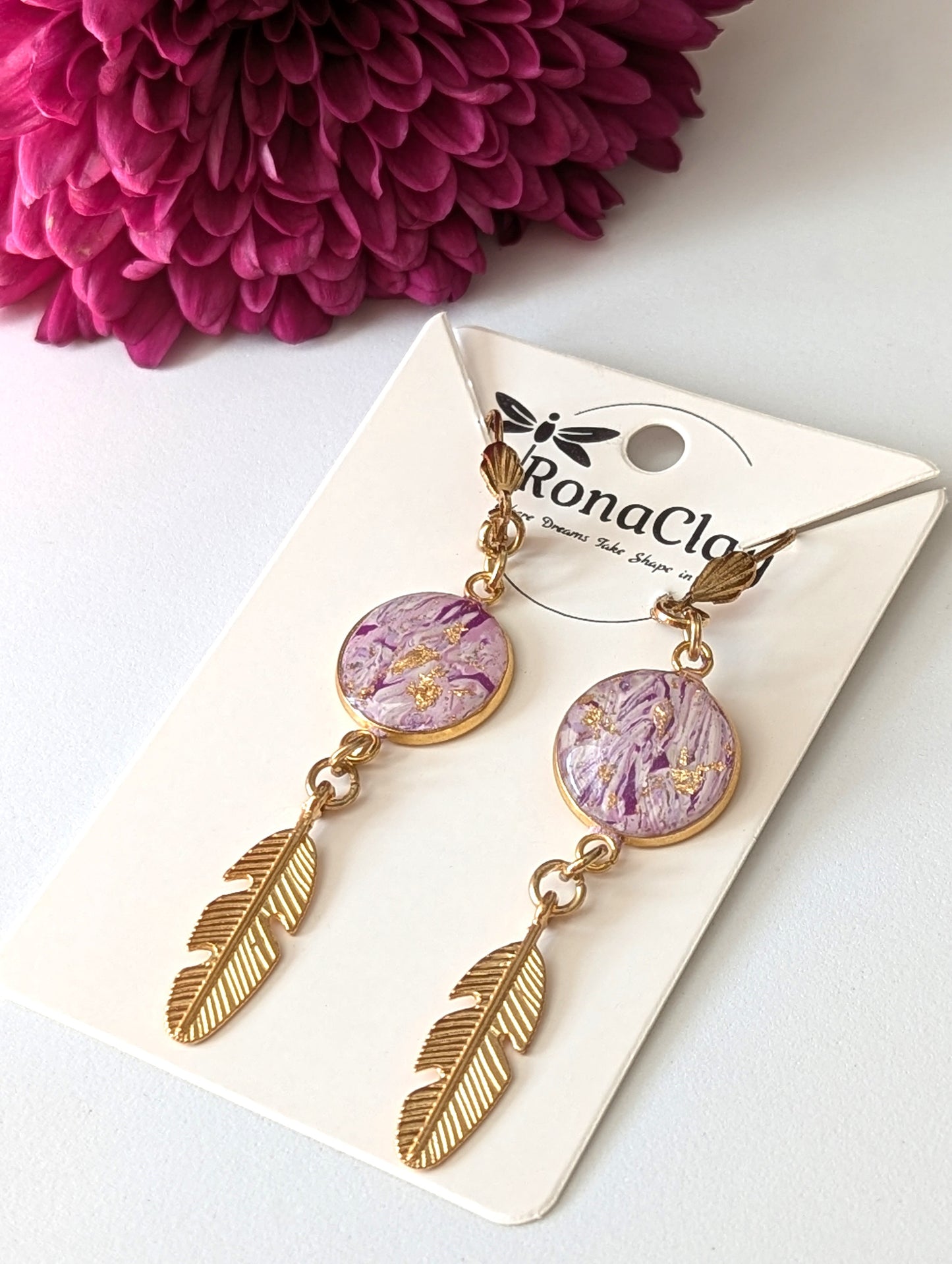 Marbled purple design with gold feather and Pinecone charms -Handmade Polymer Clay Earrings