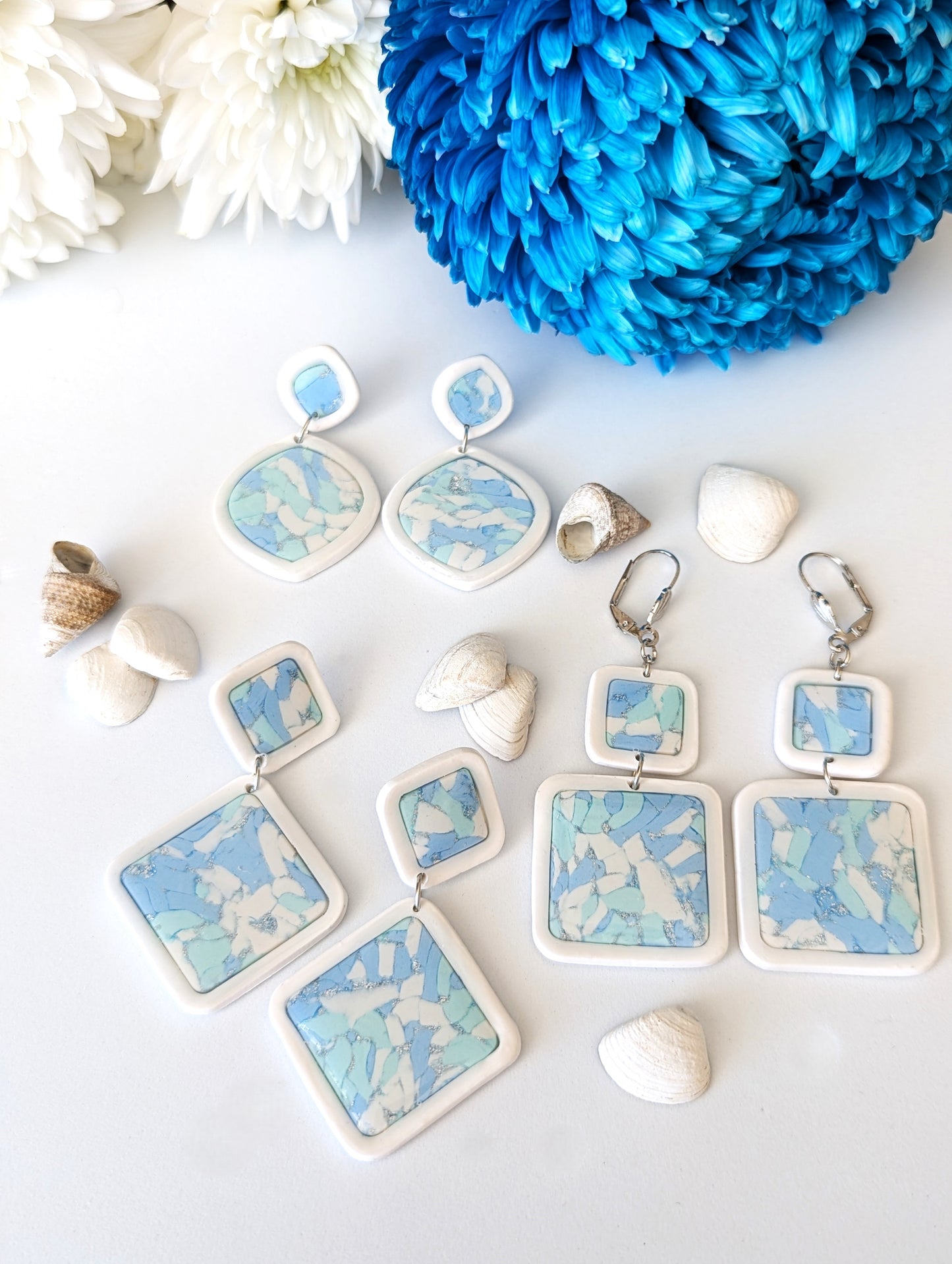 Ocean Mosaic design Earrings in 3 different shapes -Handmade Polymer Clay Earrings - Rectangle, Dimond and Drop shapes