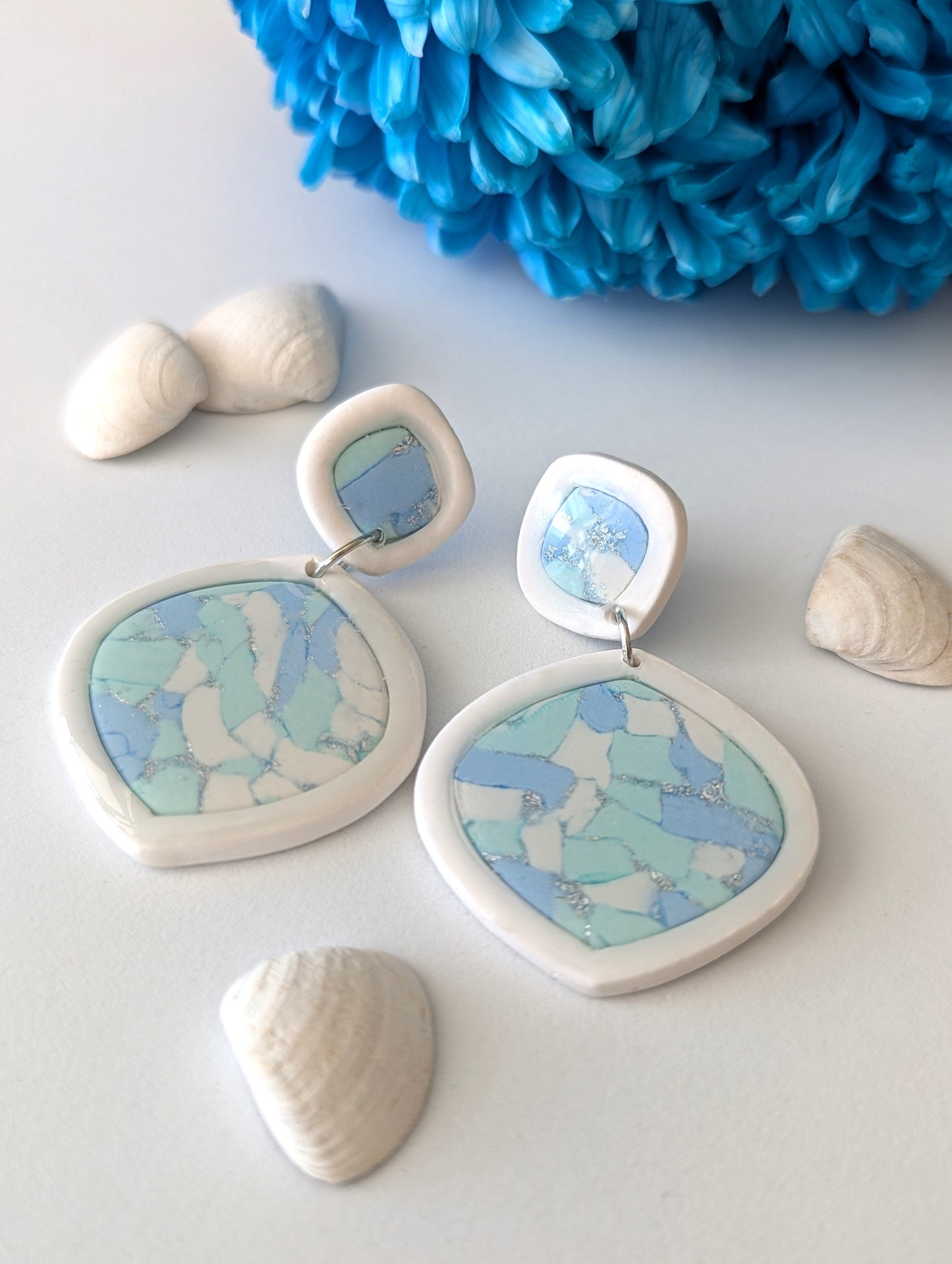 Ocean Mosaic design Earrings in 3 different shapes -Handmade Polymer Clay Earrings - Rectangle, Dimond and Drop shapes