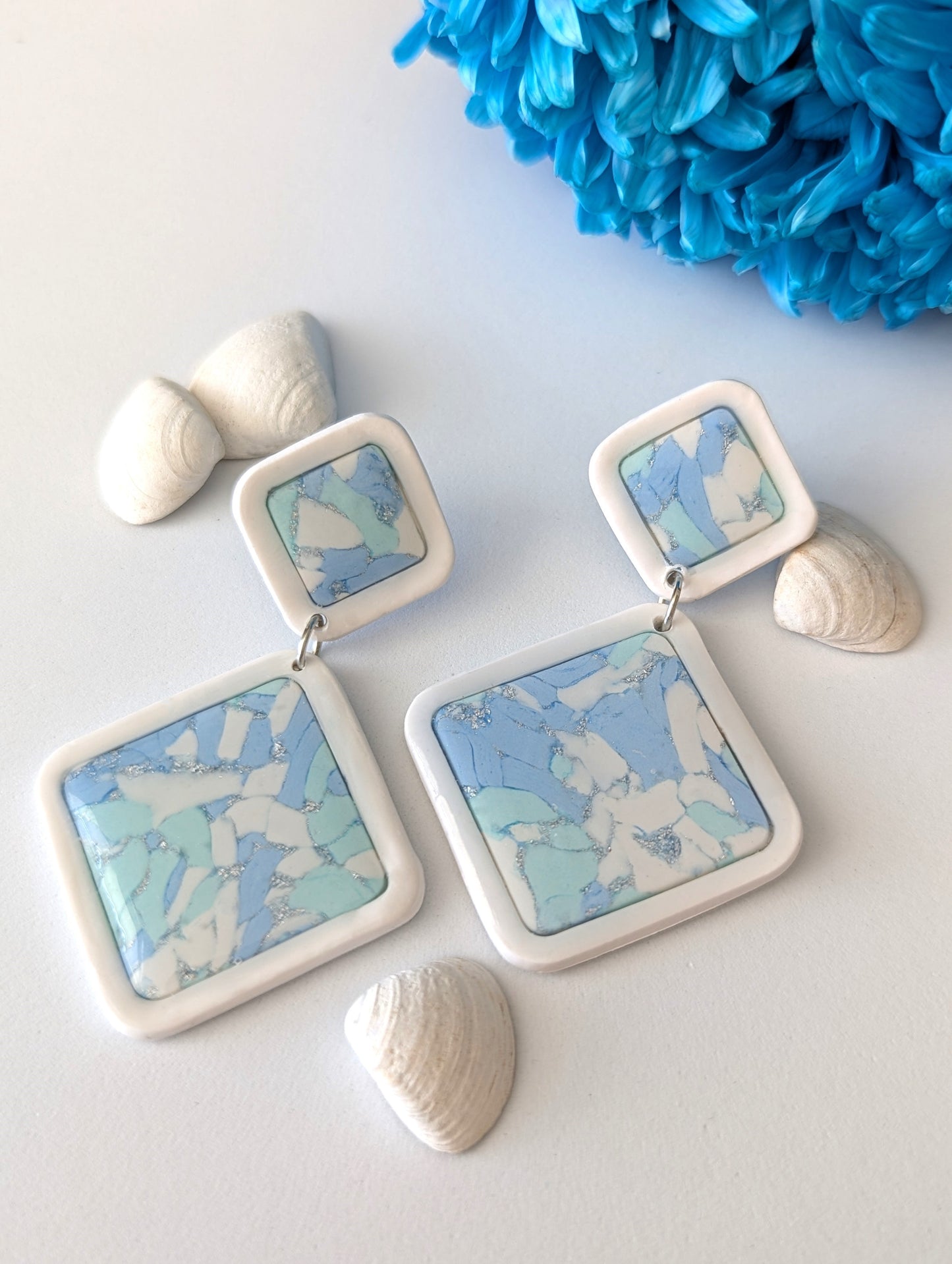 Ocean Mosaic design Earrings in 3 different shapes -Handmade Polymer Clay Earrings - Rectangle, Dimond and Drop shapes
