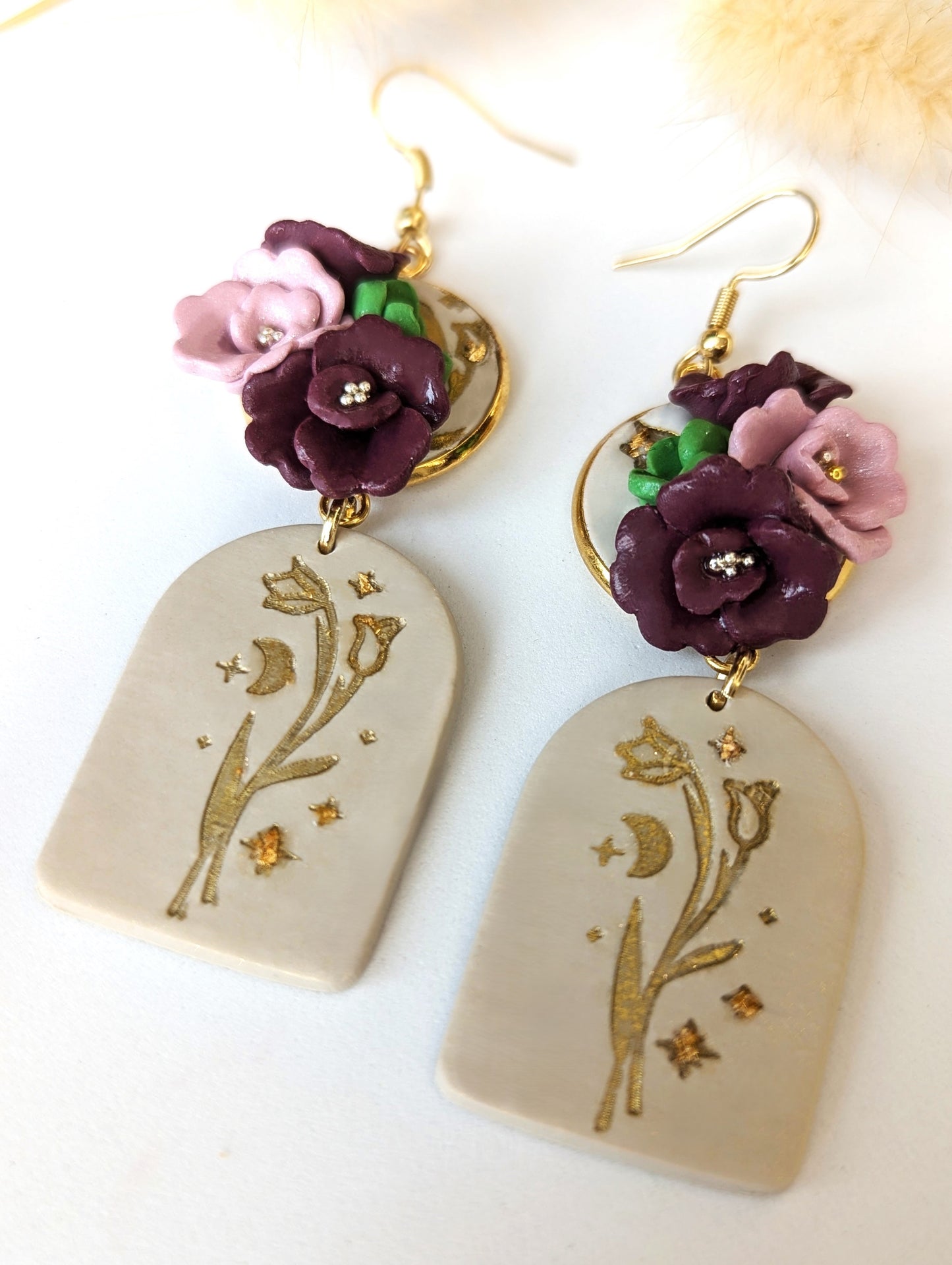 Floral earrings with dark purple and soft beige bases - Handmade Polymer Clay Earrings