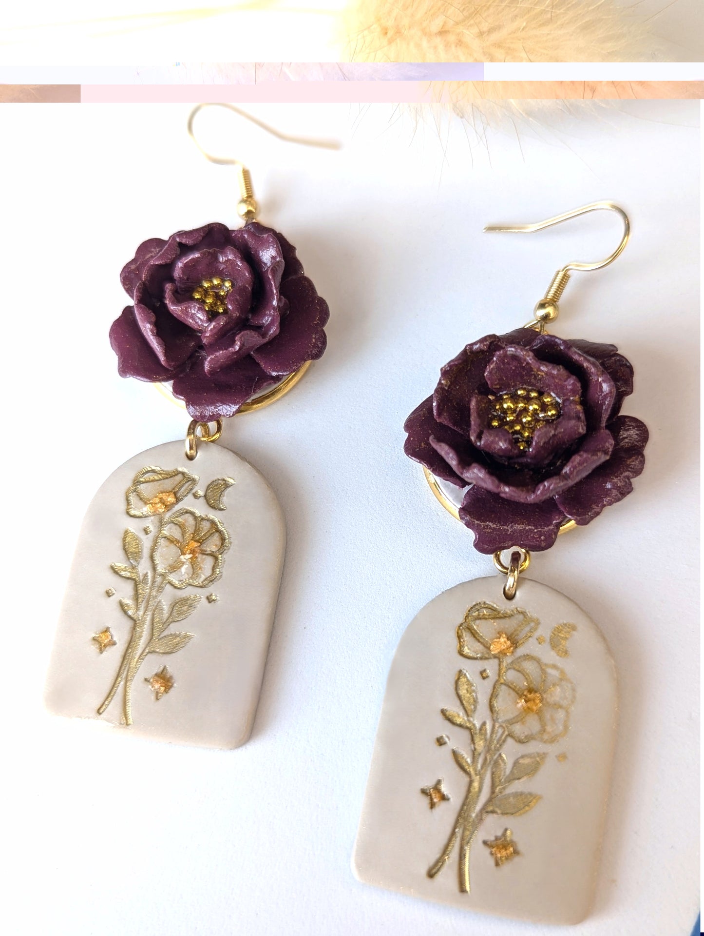 Floral earrings with dark purple and soft beige bases - Handmade Polymer Clay Earrings