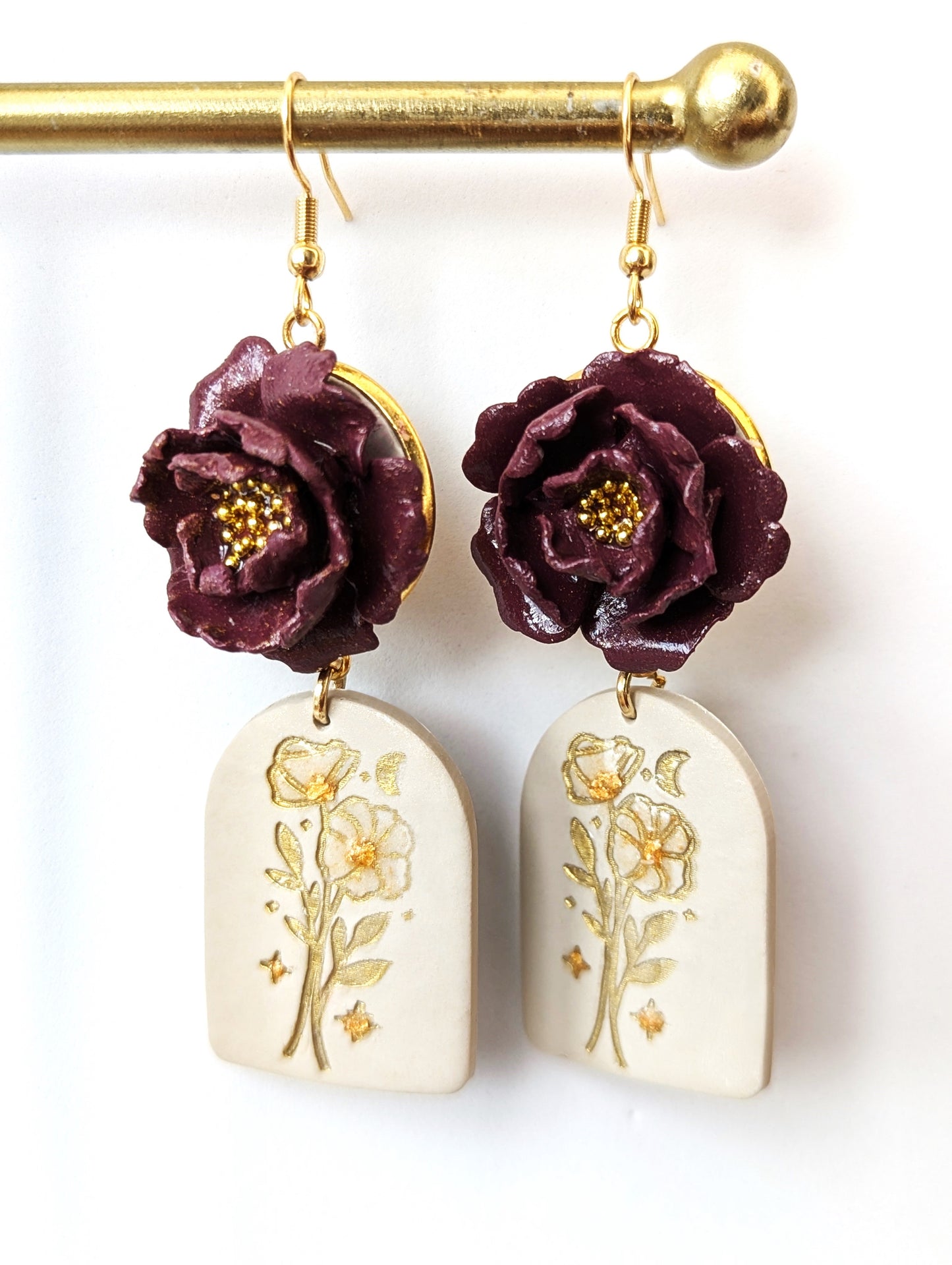 Floral earrings with dark purple and soft beige bases - Handmade Polymer Clay Earrings