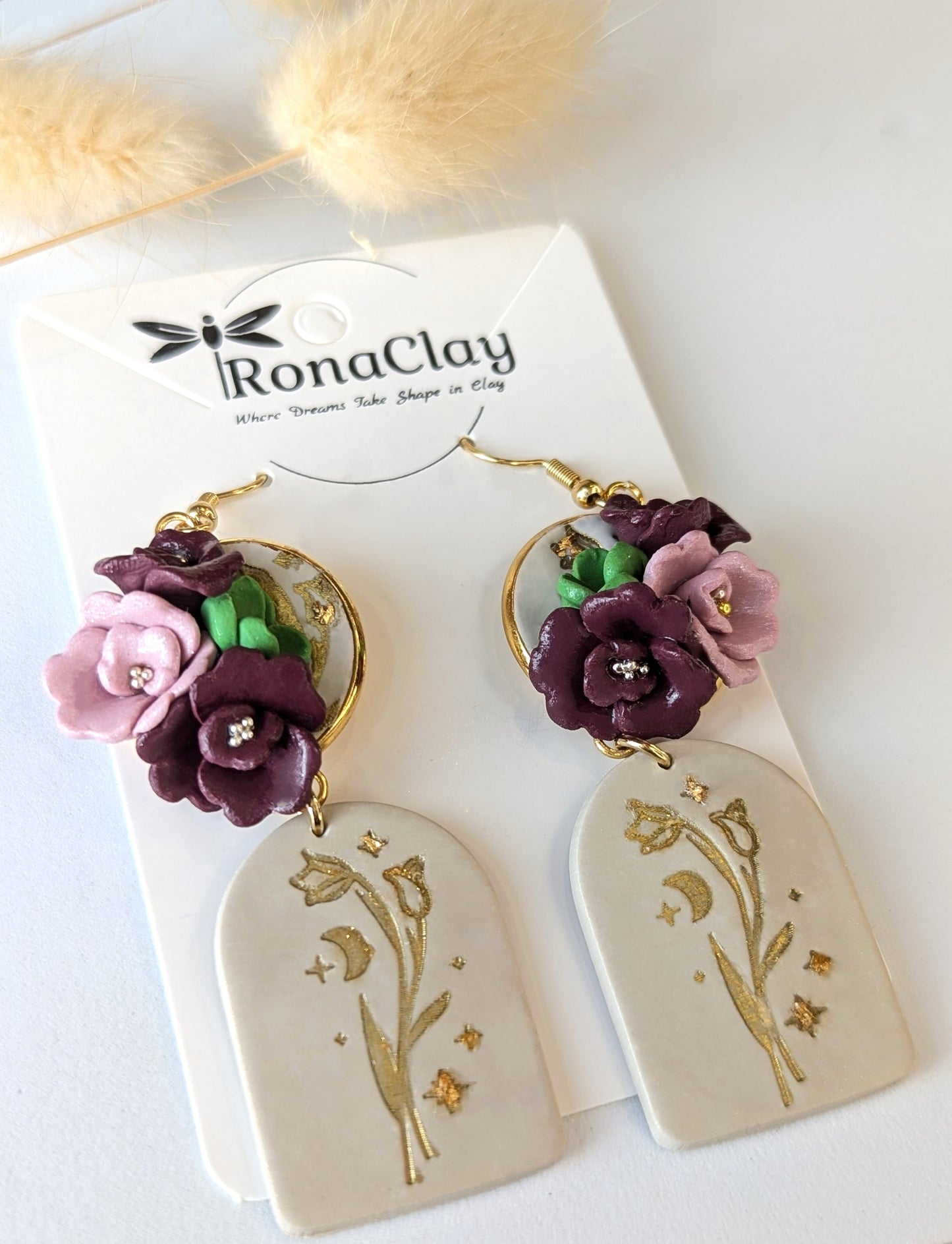 Floral earrings with dark purple and soft beige bases - Handmade Polymer Clay Earrings
