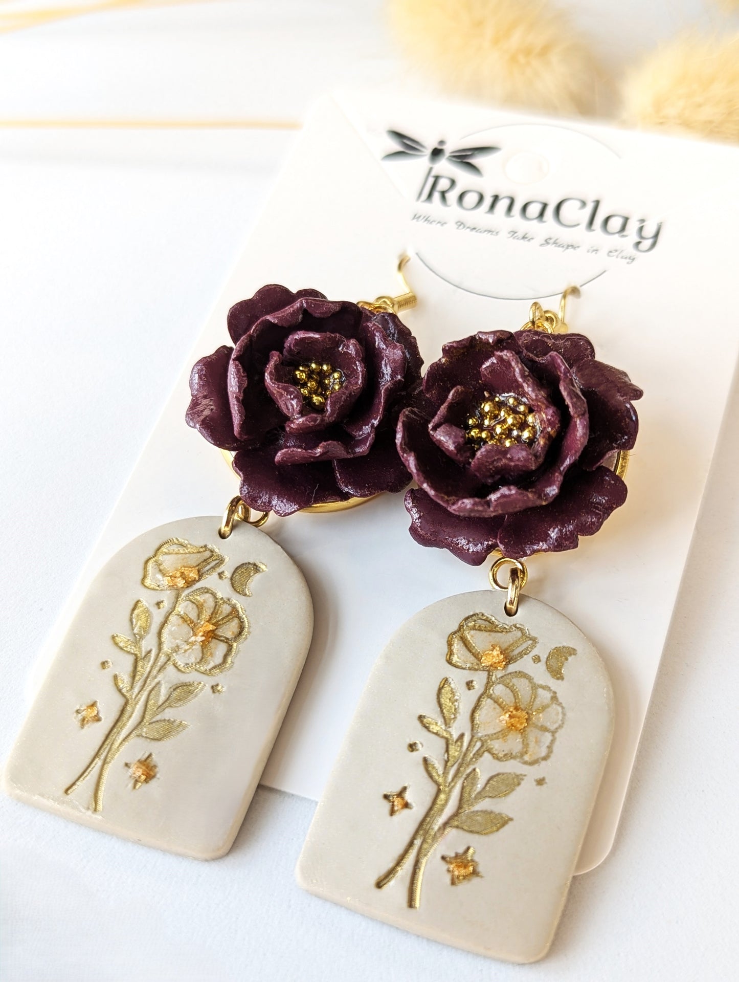 Floral earrings with dark purple and soft beige bases - Handmade Polymer Clay Earrings