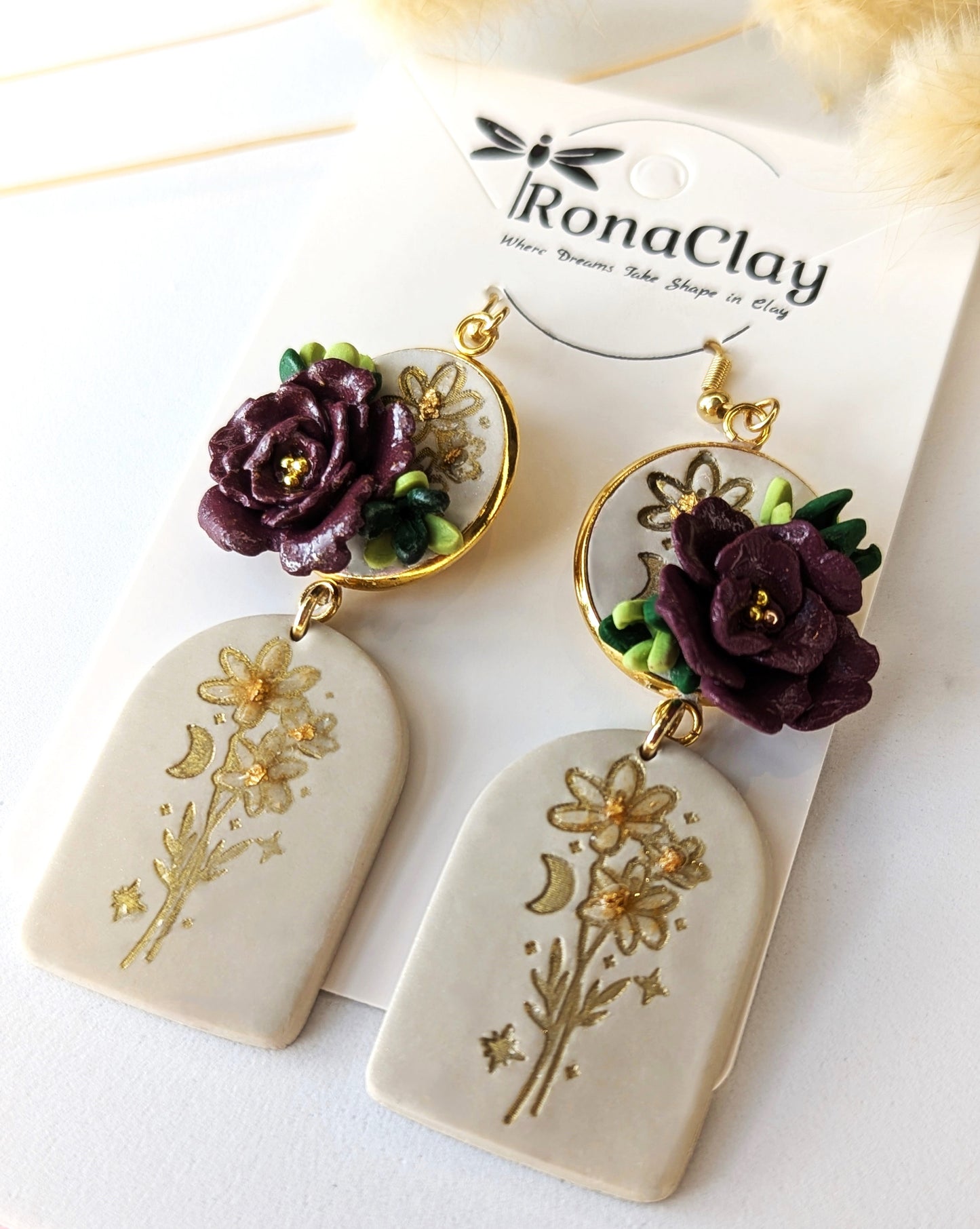Floral earrings with dark purple and soft beige bases - Handmade Polymer Clay Earrings